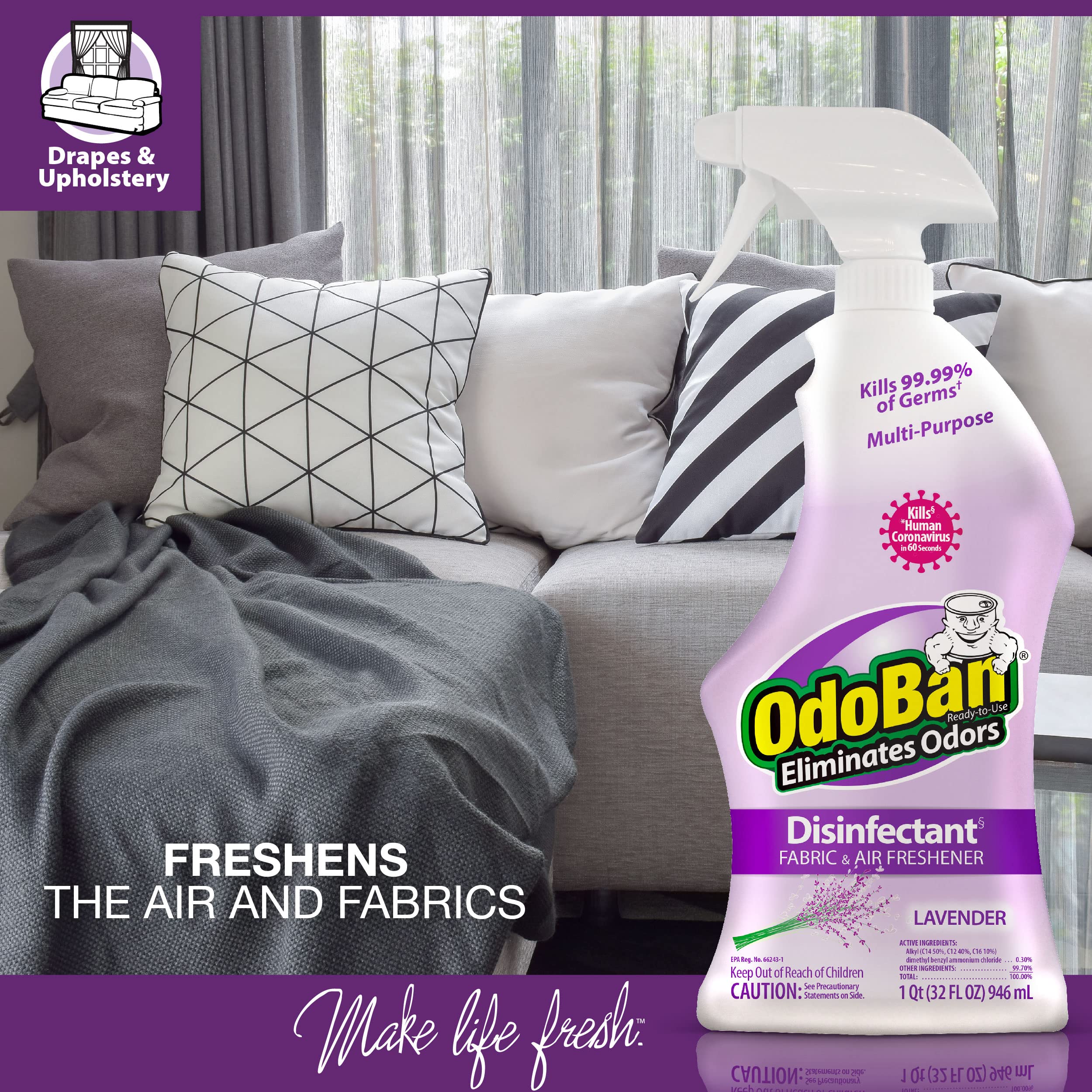 OdoBan Ready-to-Use Disinfectant & Odor Eliminator Spray - 4 Pack (32oz Each) | Lavender Scent | Kills Germs & Freshens Air | Perfect for Home, Office & Gym Cleaning