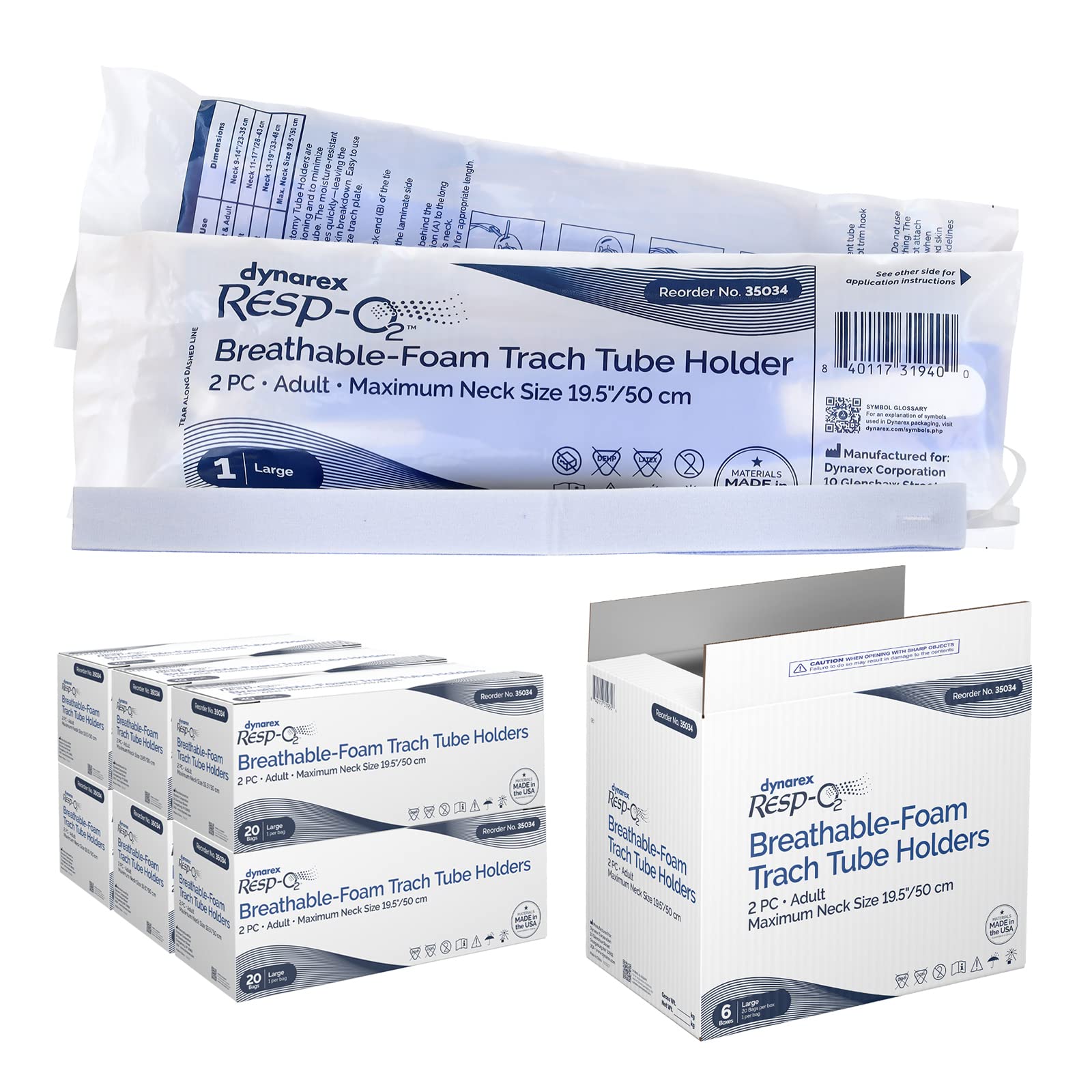 Dynarex Adjustable Breathable Foam Tracheostomy Tube Holder - Soft Outer Ties & Hook-and-Loop Closure - 2-Piece Large Size (Case of 120) - Ideal for Post-Surgery Care & Long-Term Tracheostomy Support