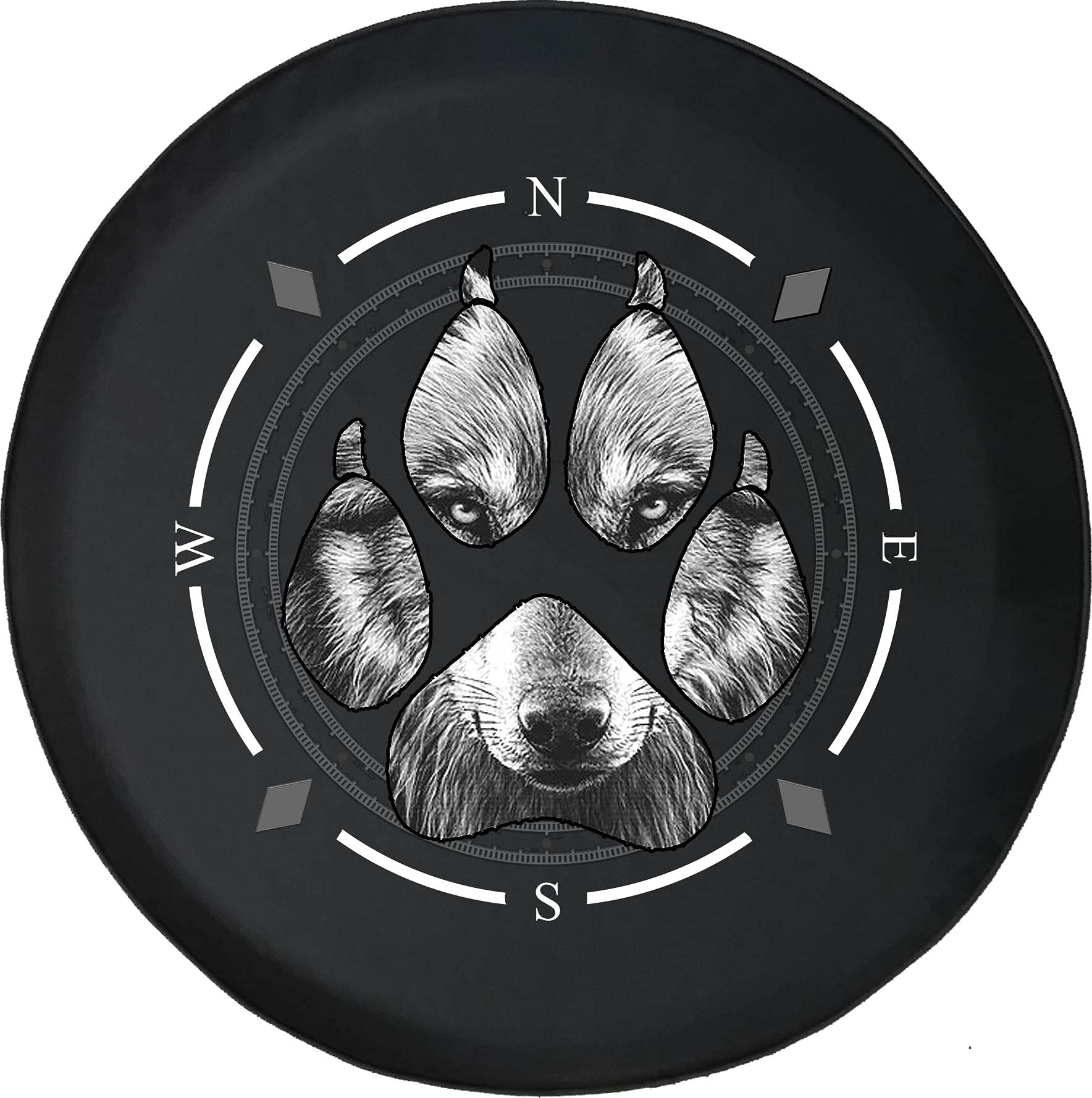 Premium Spare Tire Cover with Compass & Grey Wolf Paw Print - Universal Fit for SUV, Trailer, RV & Most Vehicles - Durable Outdoor Accessory for Camping & Road Trips