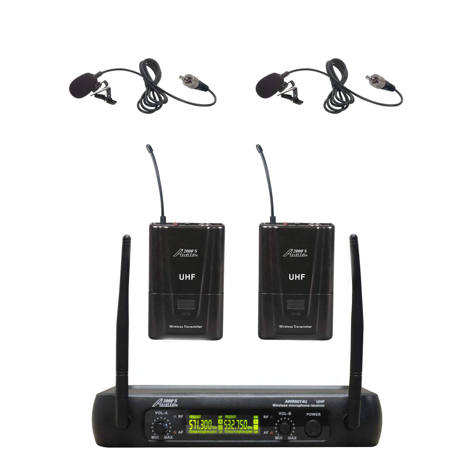 Audio2000 6074BM UHF Dual Channel Wireless Microphone System with 2 Lavalier Mics - Ideal for Presentations, Public Speaking & Live Performances