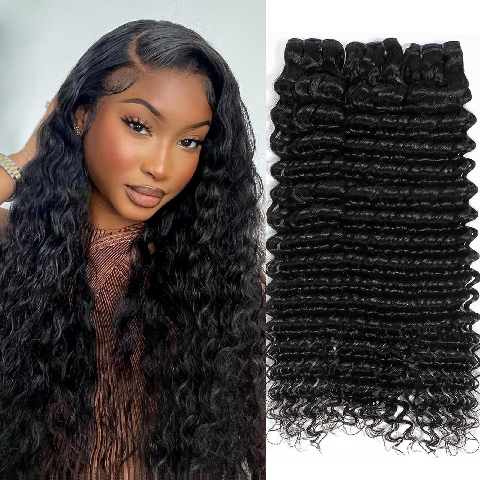 100% Unprocessed Virgin Brazilian Deep Wave Human Hair Bundles - 3 Bundles 12A Grade Natural Black (16/18/20 Inch) Double Weft for Weaving, Wigs & Extensions - Perfect for Daily Wear, Parties & Special Occasions