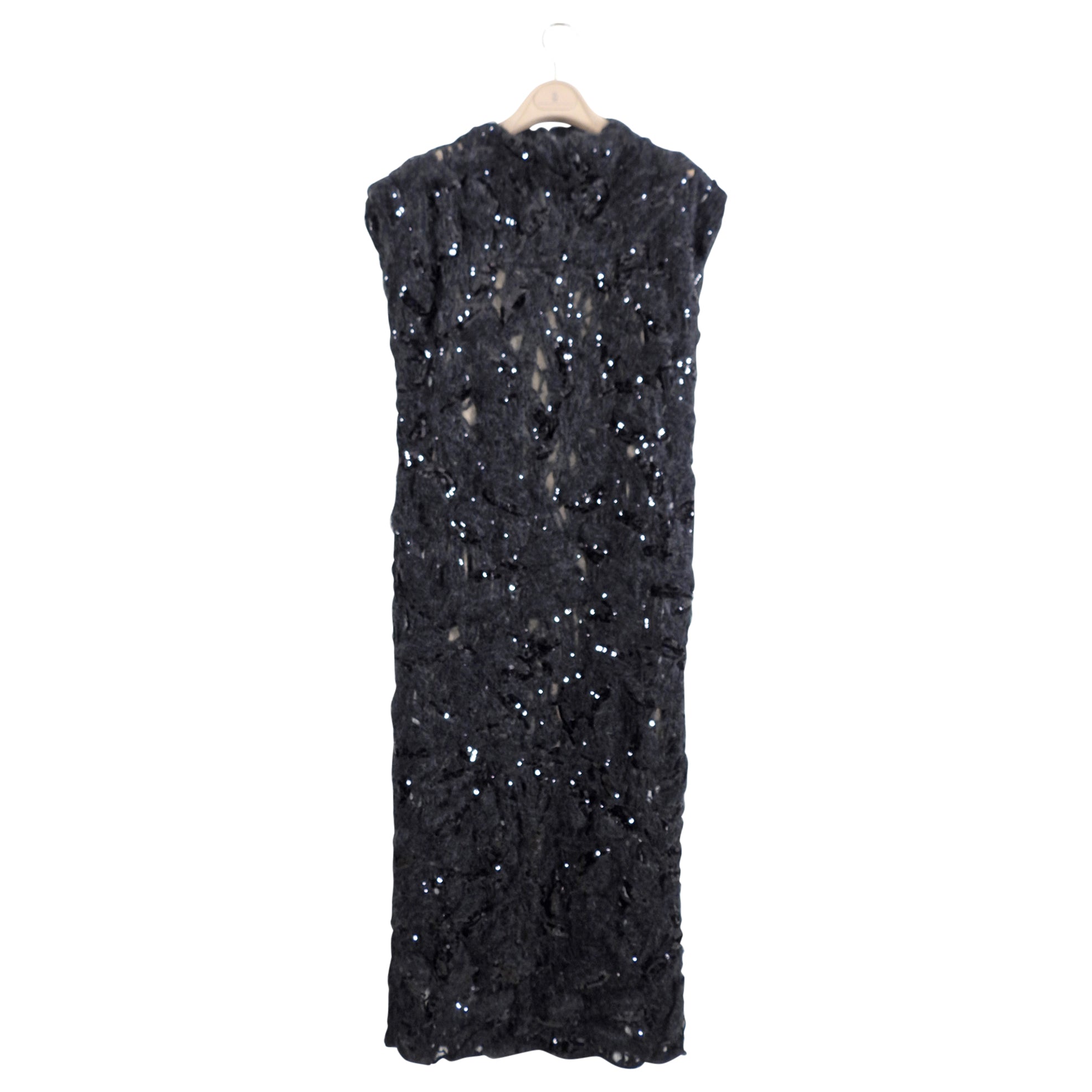 Brunello Cucinelli Black Mohair Sequin Knit Long Dress with Silk Slip - Size S (6) | Elegant Evening Gown for Parties, Weddings & Special Occasions