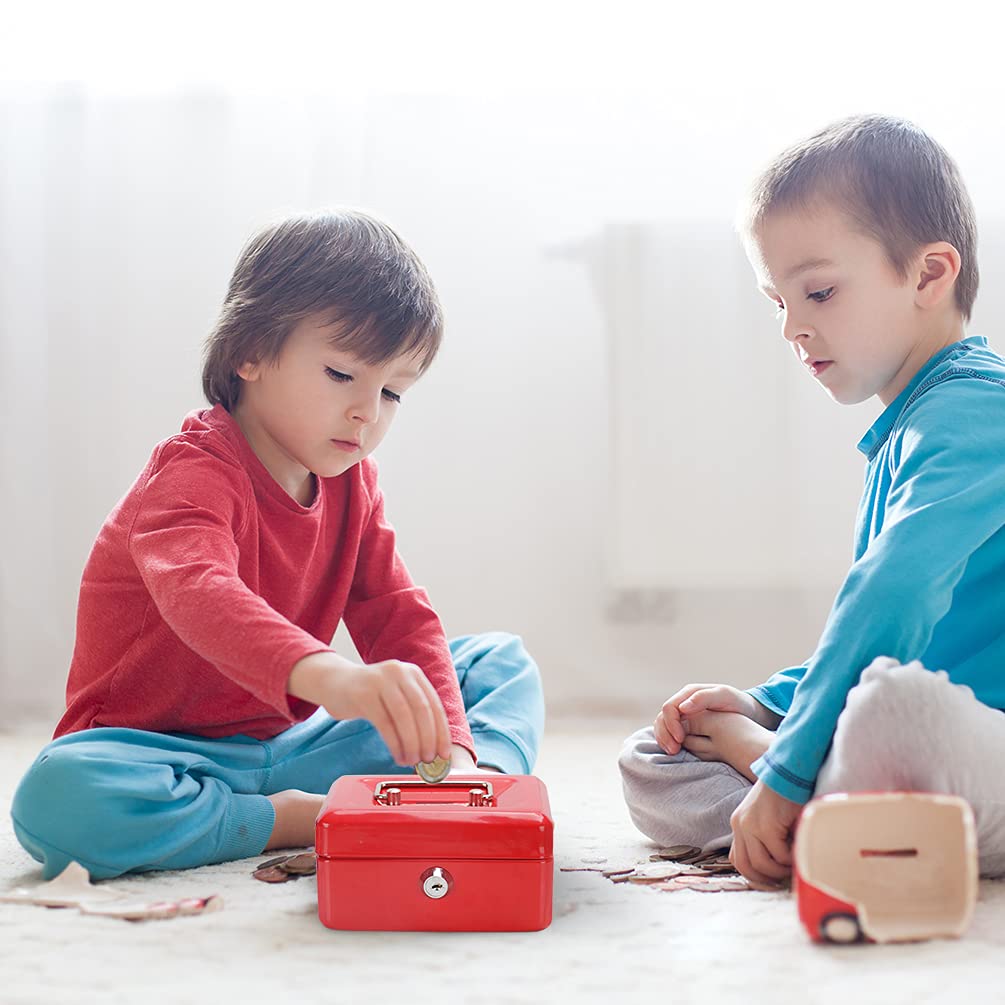 Jssmst Small Locking Cash Box with Money Tray - Secure Money Storage Box for Kids & Home Use - Top Slot Deposit - 5.91 x 4.72 x 2.95 Inch Red Lock Box (CB003-R) - Perfect for Piggy Bank, Allowance Savings, Home Office & Retail Cash Management