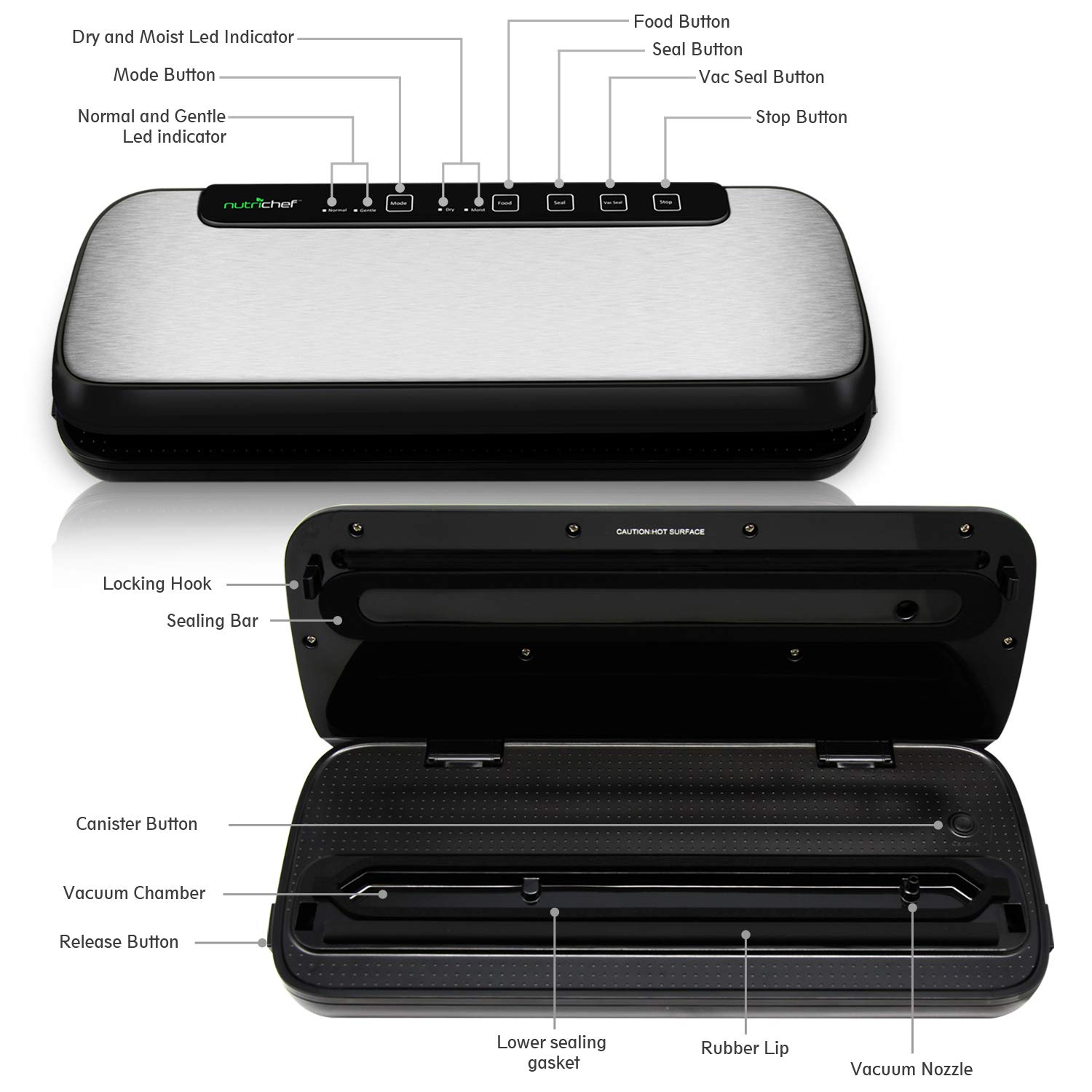 NutriChef Stainless Steel Vacuum Sealer Machine for Food Preservation - Powerful Adjustable Suction with Dry & Moist Modes, LED Display, Includes Bags & Wine Stopper - Perfect for Meal Prep, Sous Vide, Freezer Storage & Long-Term Food Saving
