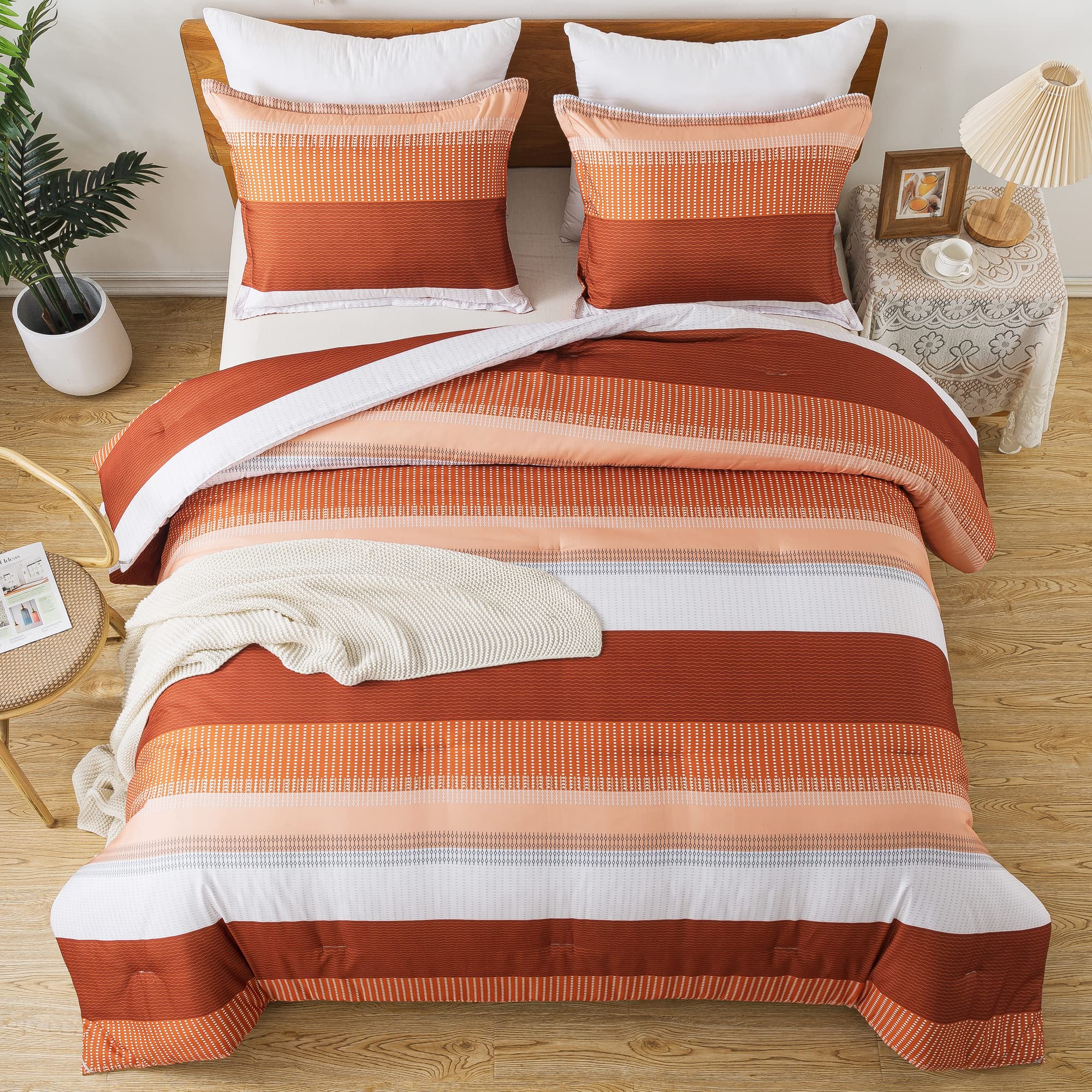 Litanika Burnt Orange Twin XL Comforter Set - 2 Piece Boho Terracotta Stripe Colorblock Bedding, Soft & Fluffy Rust Comforter (66x90 Inches) with Pillowcase - Perfect for Dorm Rooms, Guest Beds & Cozy Boho Bedrooms