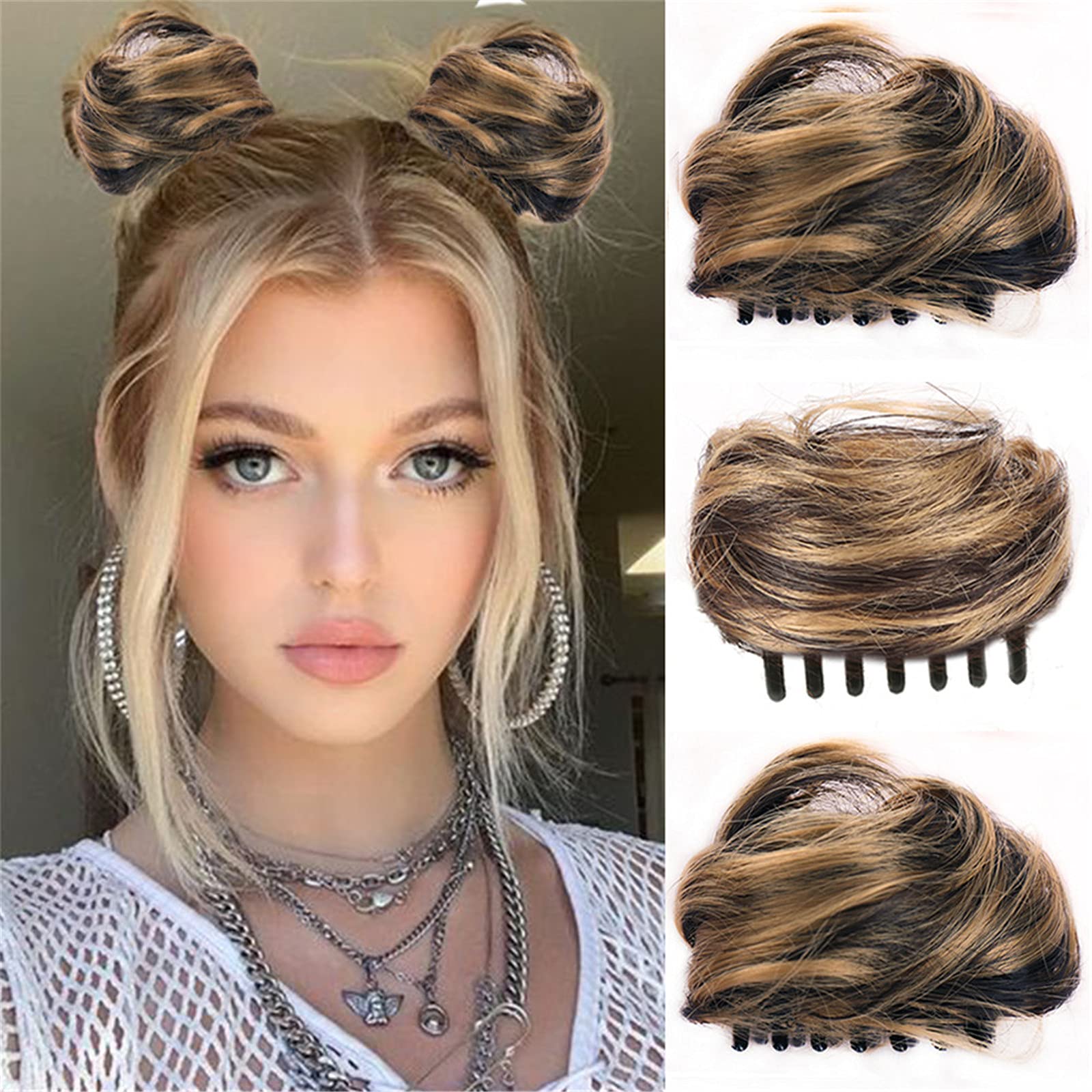 2PC Brown Synthetic Hair Bun Claw Clip - Messy Updo Donut Chignon for Women & Girls | Ballet Bun Hairpiece Extensions for Everyday, Work & Special Occasions