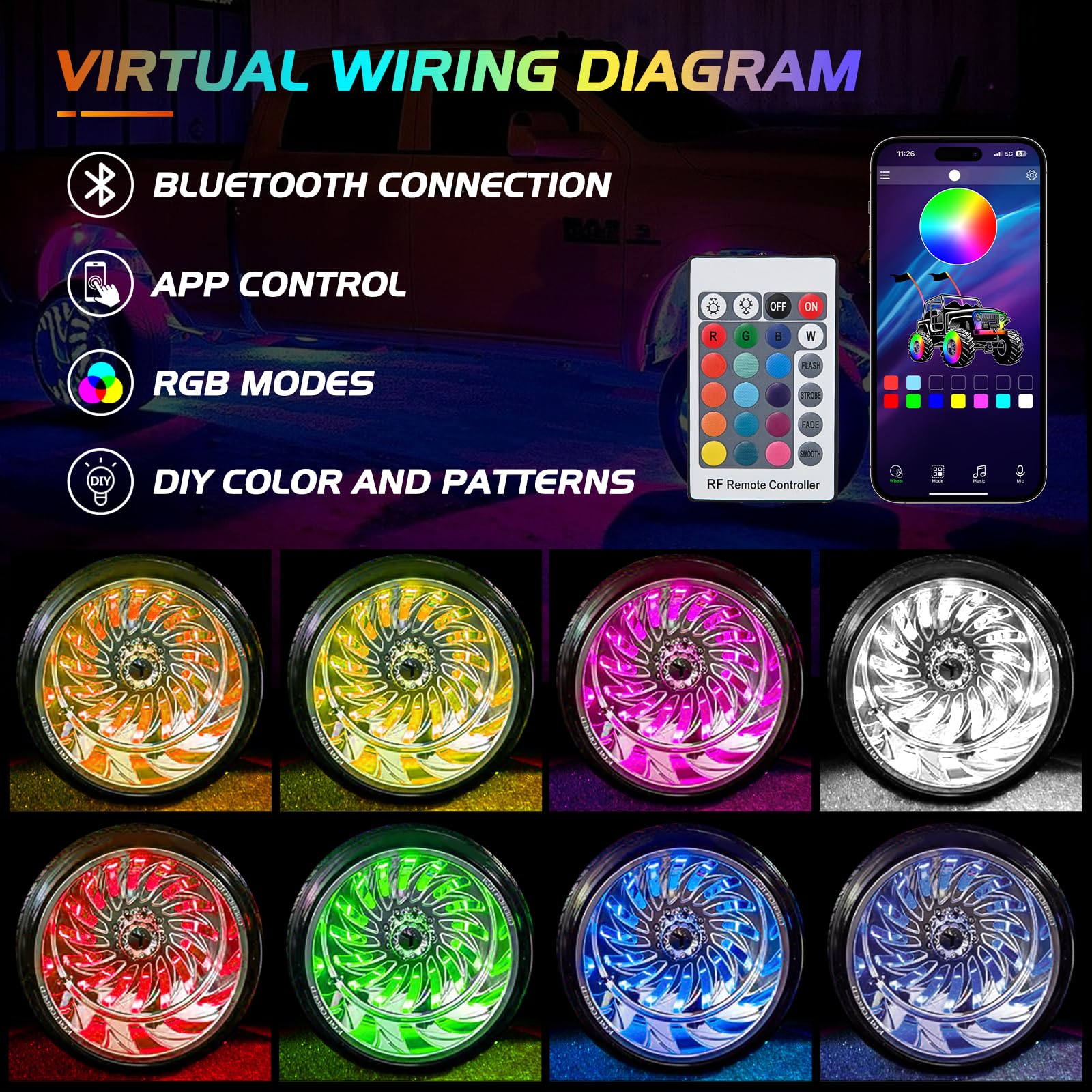 Nilight 4PCS 17.5inch RGB LED Wheel Ring Lights with APP & Remote Control - Dual Row Neon Lights with Turn Signal & Braking Function for Cars, SUVs, Trucks & Vans - Perfect for Off-Roading, Car Shows & Night Driving