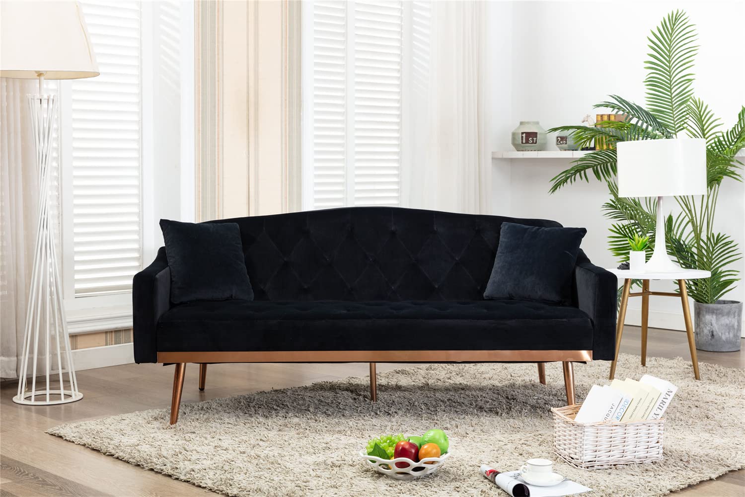 Velvet Convertible Sleeper Sofa Bed with 2 Pillows - Button Tufted Futon Couch with 5 Sturdy Metal Legs for Living Room, Bedroom & Small Spaces | Perfect for Guest Sleeping & Compact Apartments (Black)