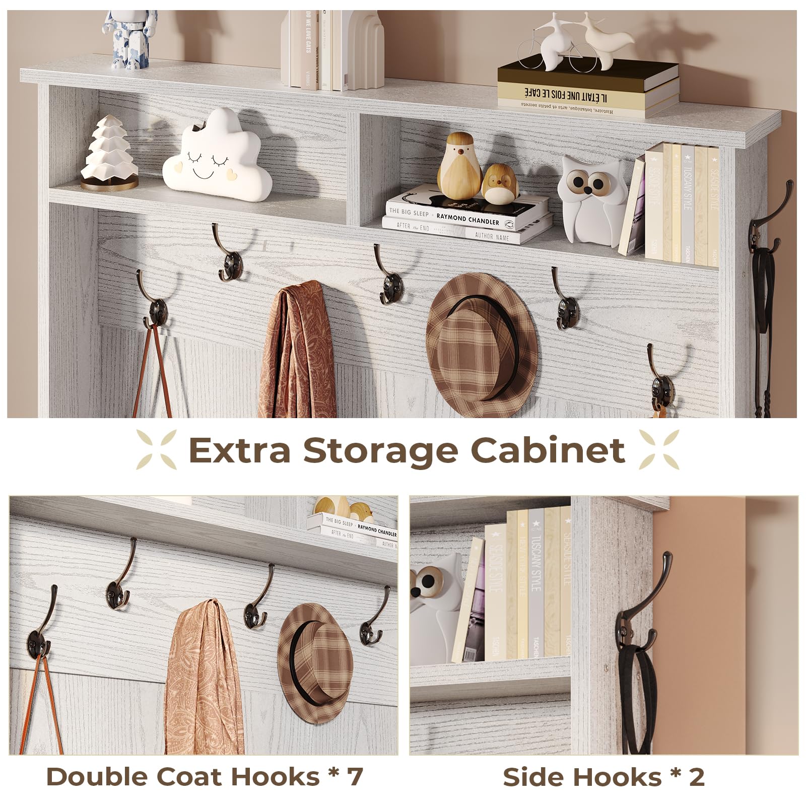 Itaar 5-in-1 Hall Tree Entryway Bench with Shoe Storage, Coat Rack & Adjustable Shelf - 10 Shoe Cubbies, 9 Coat Hooks & Barn Door Design (Embossed White) - Perfect for Mudroom, Foyer & Small Space Organization