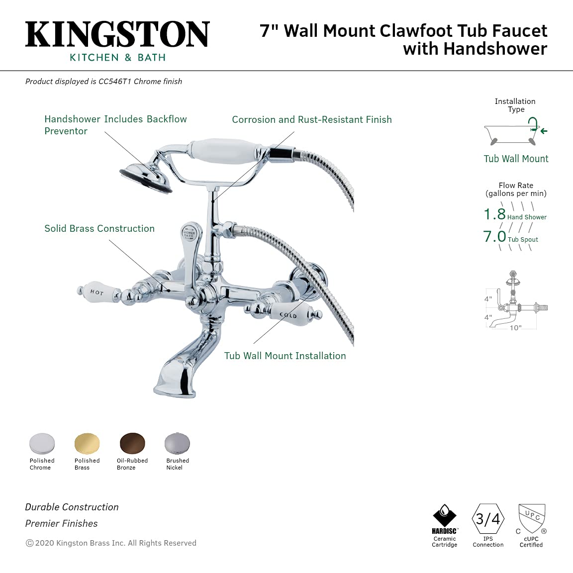 Kingston Brass CC545T5 Vintage 7-Inch Wall Mount Tub Filler with Hand Shower in Oil Rubbed Bronze - Perfect for Bathroom Renovation & Spa-Like Experience