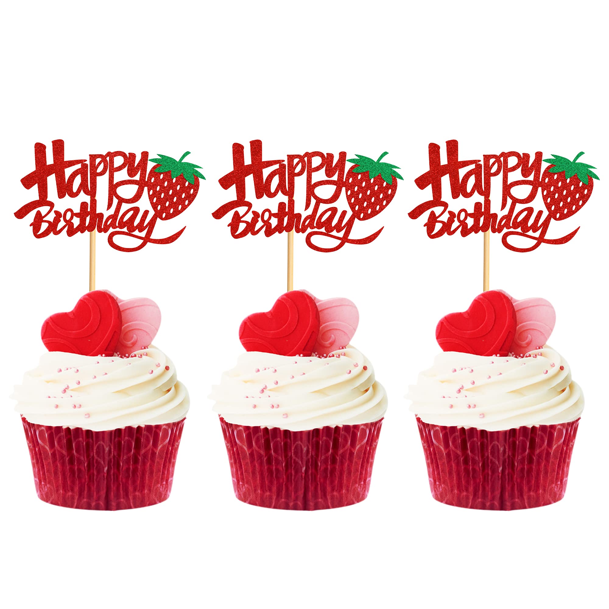 36 Pack Red Strawberry Happy Birthday Cupcake Toppers - Fun Party Decorations for Girls & Boys Birthday Celebrations - Perfect for Cupcakes, Cakes, and Dessert Table Decor