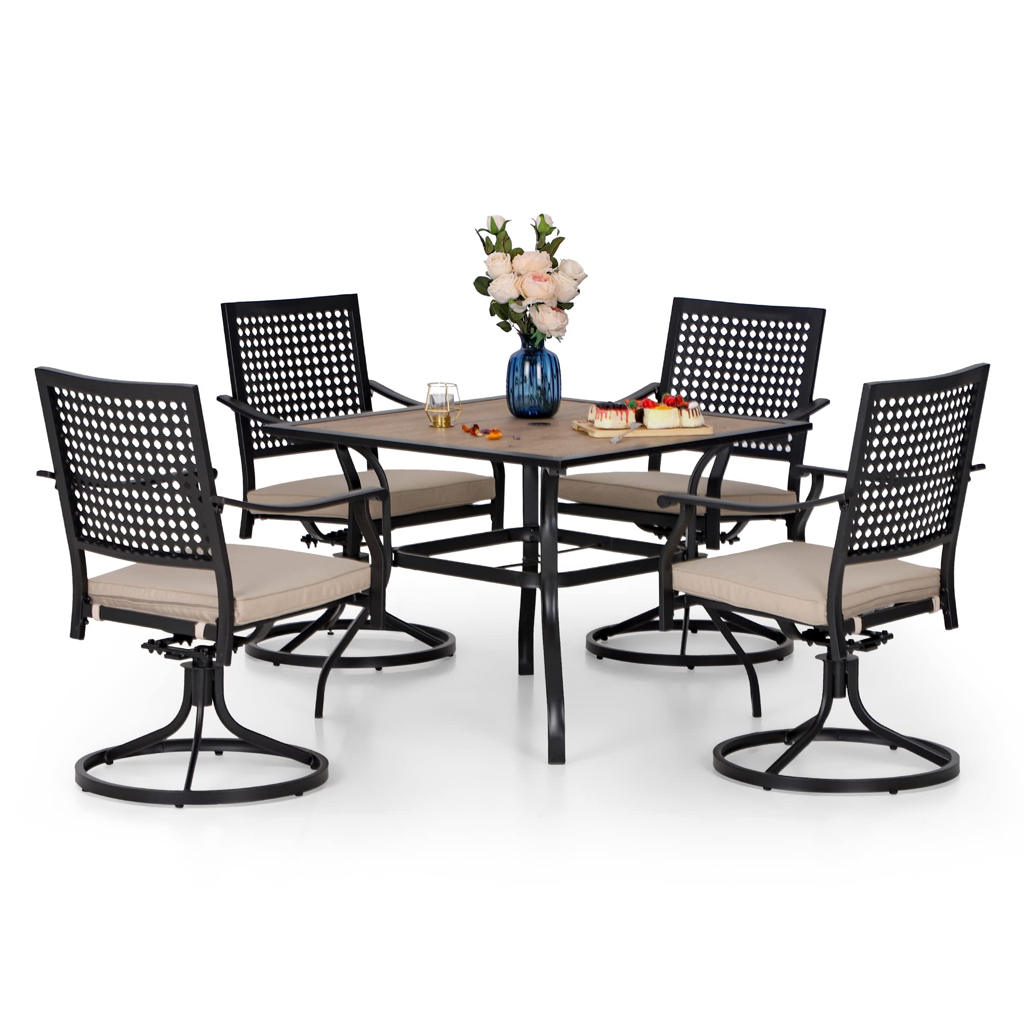 PHI VILLA 5-Piece Outdoor Patio Dining Set with Swivel Chairs & Wood-Like Table - Includes Cushions & Umbrella Hole - Perfect for Backyard, Garden, Bistro & Poolside Dining