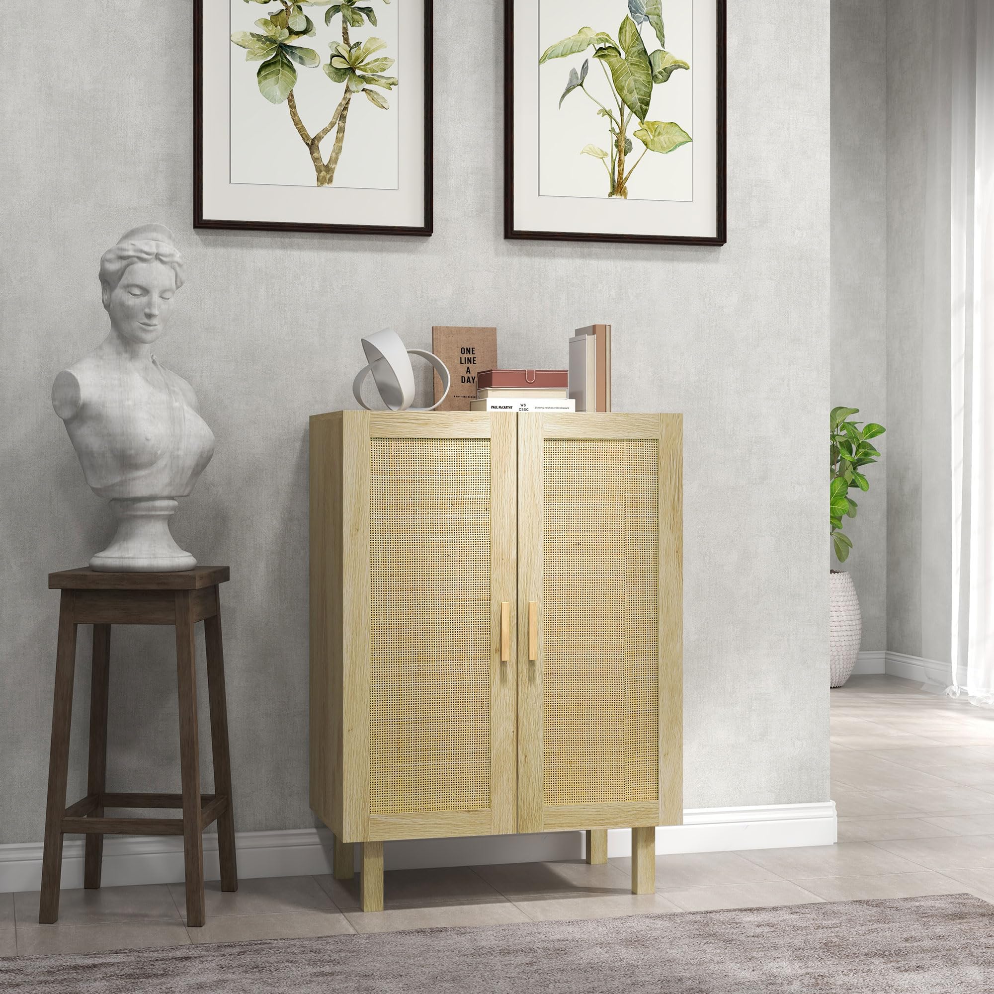 HOMCOM Sideboard Buffet Cabinet with 2 Rattan Doors & Adjustable Shelves - Kitchen Coffee Bar Cabinet for Living Room, Dining Room - Natural Wood Storage Organizer for Home Decor & Entertaining