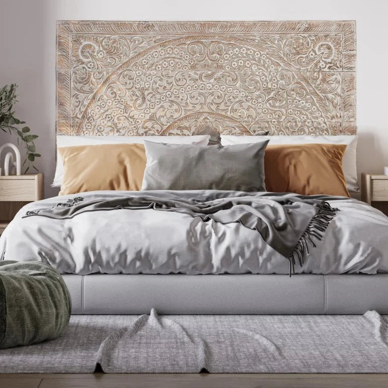 Hand Carved Indian Wooden Bed Frame - Dynasty Low Line in Beach White Finish | Solid Wood Bed Frame for Bedroom, Guest Room & Beach House Decor
