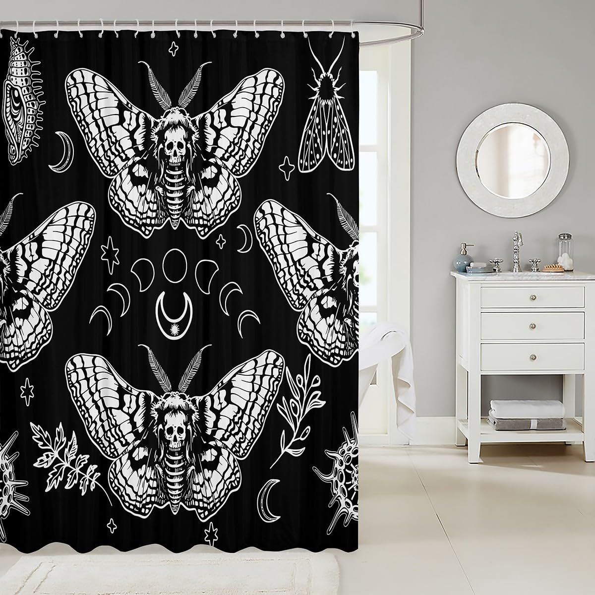 Gothic Skull Shower Curtain with Death Moth & Floral Print - Waterproof Bathroom Decor for Kids, Moon & Star Design - Includes 12 Hooks, Fits Standard Bathtub (72