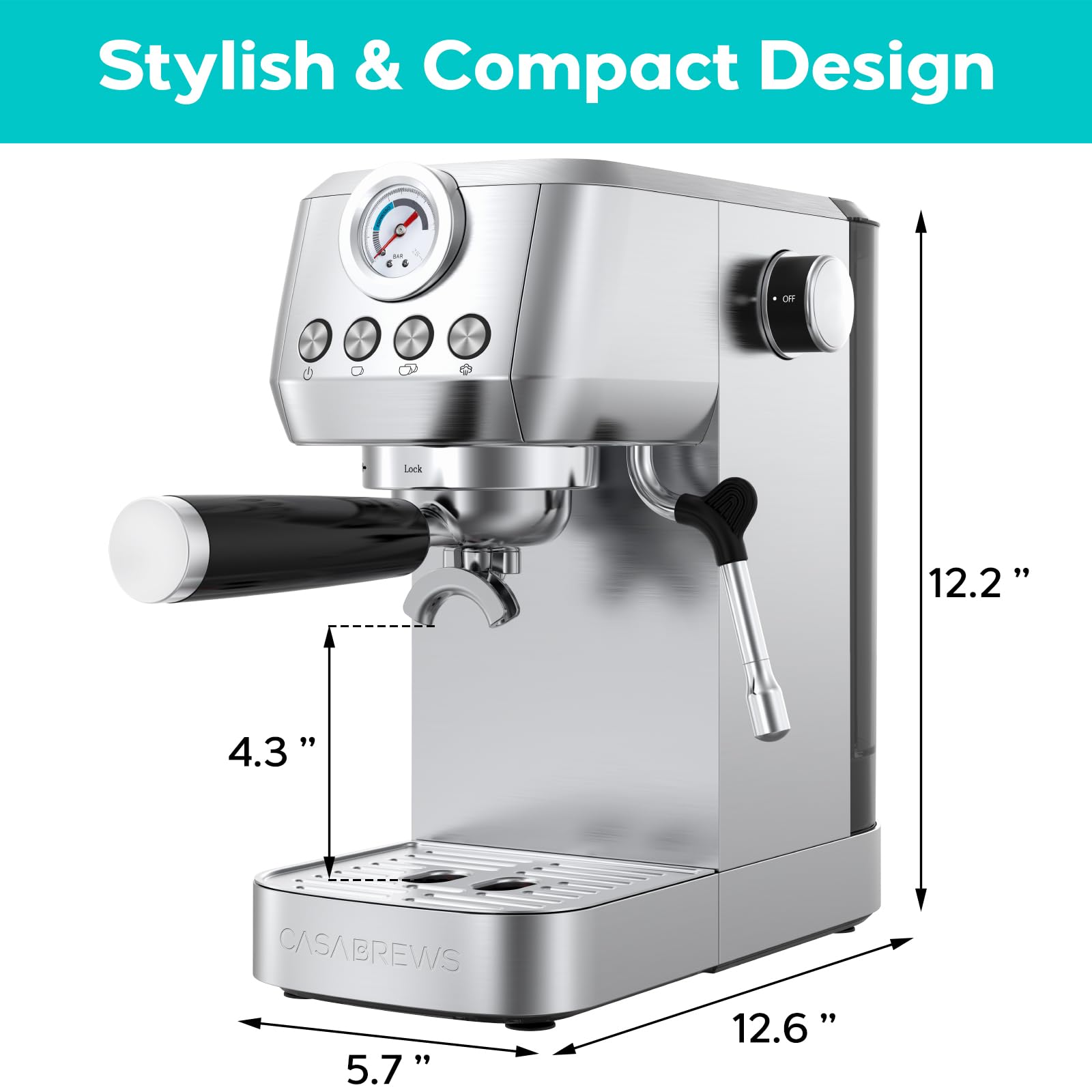 CASABREWS 20 Bar Espresso Machine with Steam Milk Frother - Stainless Steel Coffee Maker for Cappuccino & Latte - 43.9 oz Removable Water Tank - Perfect for Home Baristas & Coffee Lovers