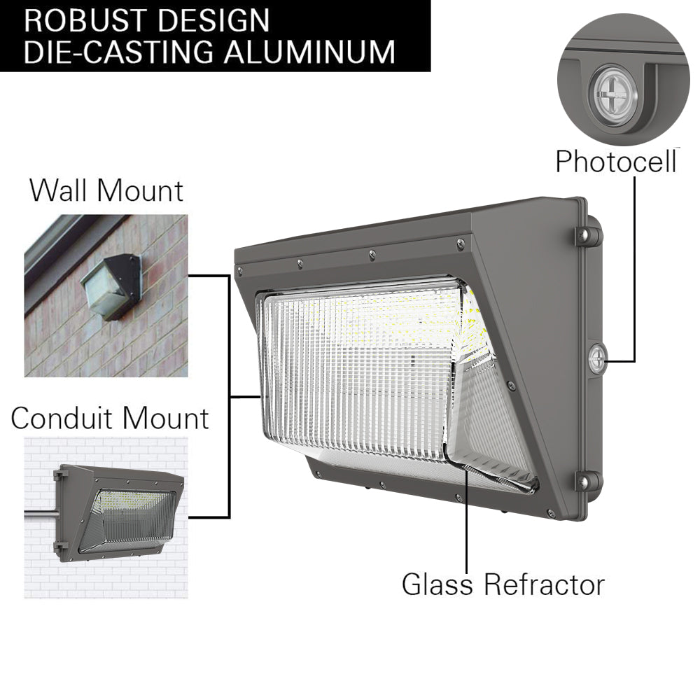 High-Efficiency LED Wall Pack Light with Photocell - 63W/45W/30W Selectable, 8190 Lumens, 5000K Daylight, 120-277V, Durable Glass Lens (Replaces 150W HID) - Ideal for Parking Lots, Warehouses & Building Exteriors