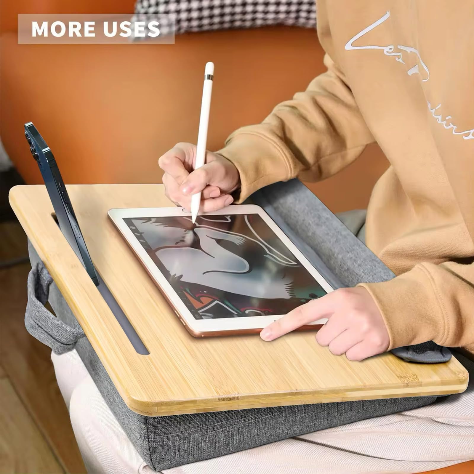 Ergonomic Bamboo Lap Desk for Laptop with Cushion & Anti-Slip Strip - Portable 15.6