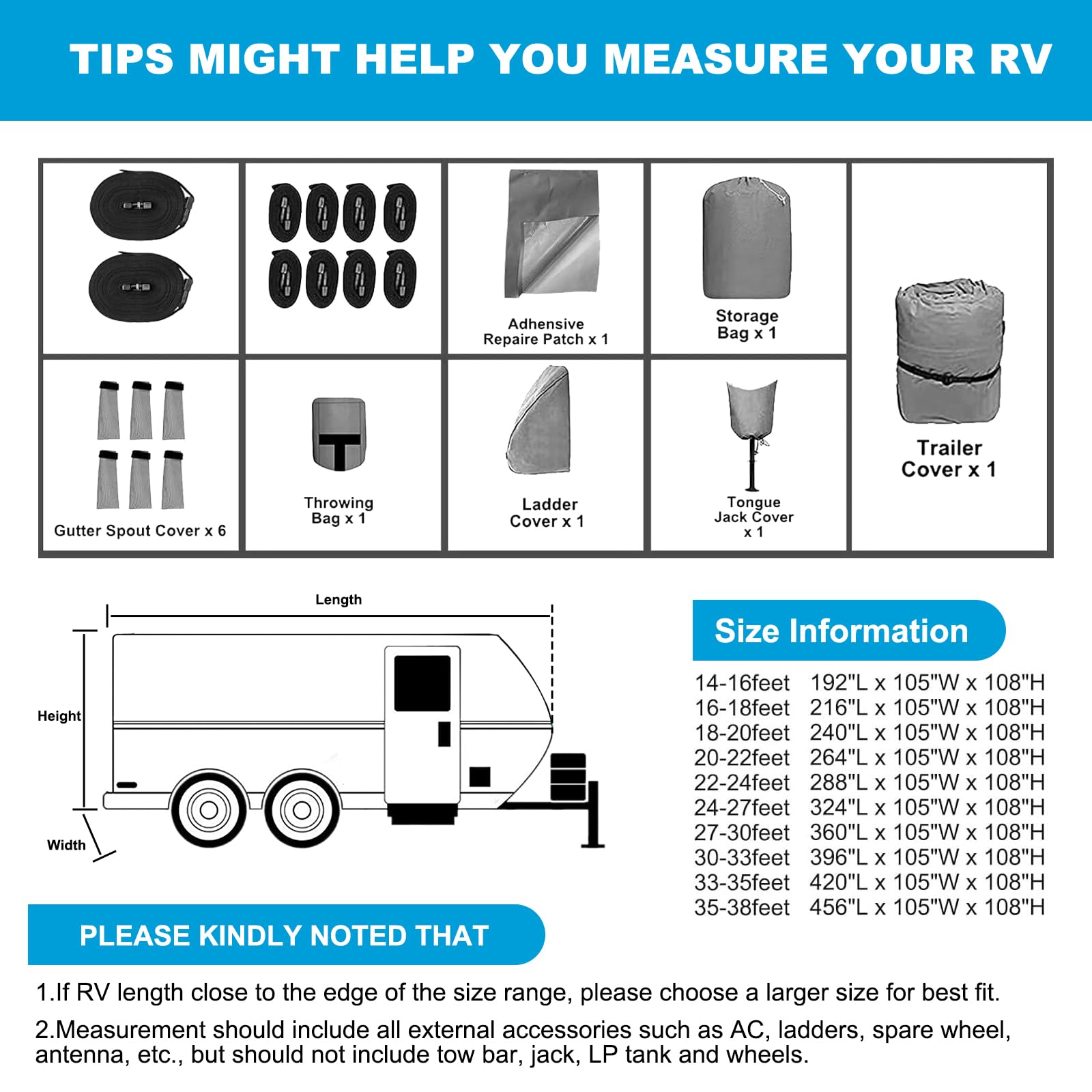 Upgraded 300D Oxford Fabric RV Travel Trailer Cover (14-16 FT) - Waterproof Camper Cover with Tongue Jack Cover & Windproof Ropes | Heavy-Duty Protection for Outdoor Storage & Winter Use