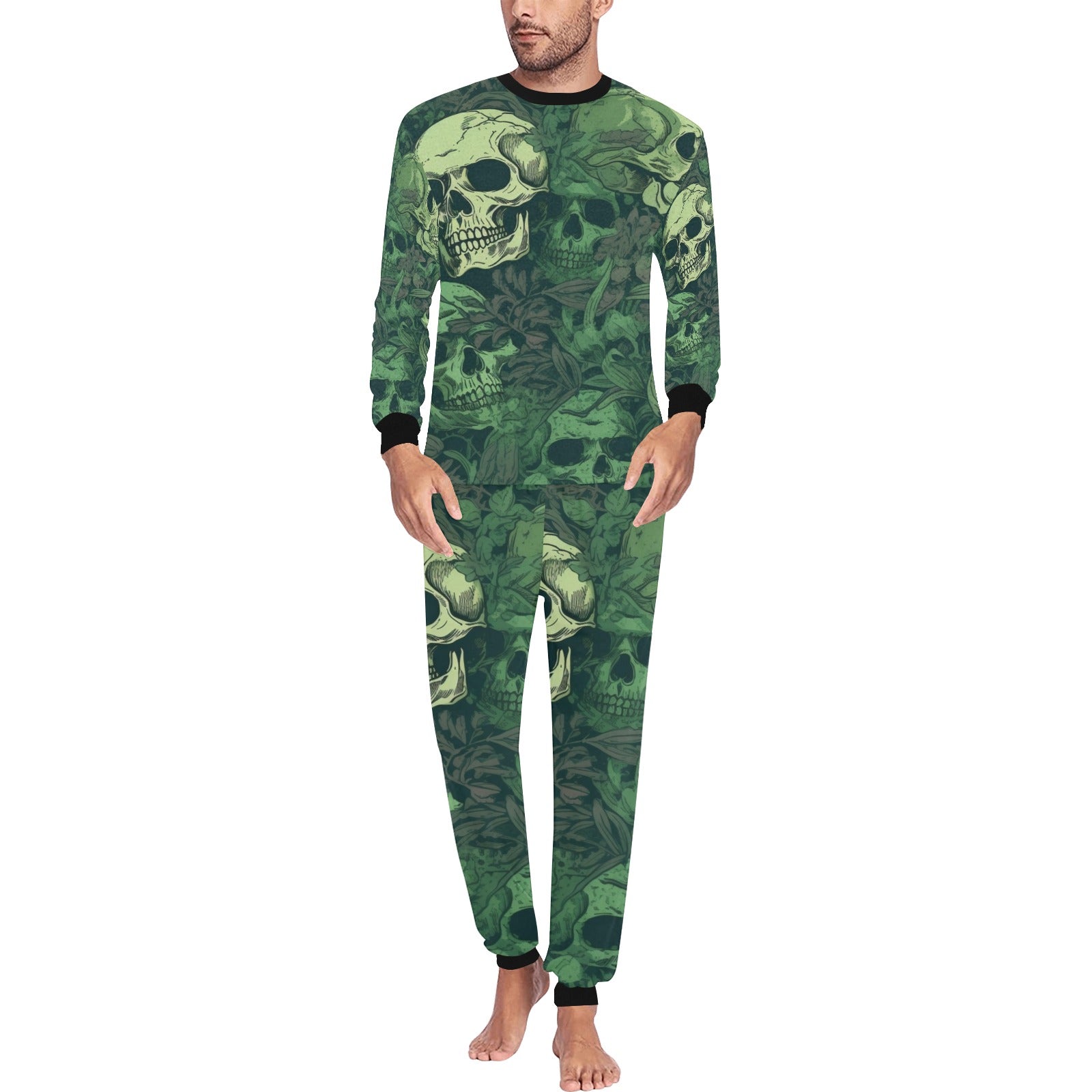 Stylish Green Skulls Pajama Set for Women - Soft & Comfortable Sleepwear for Nighttime Relaxation & Halloween Costume