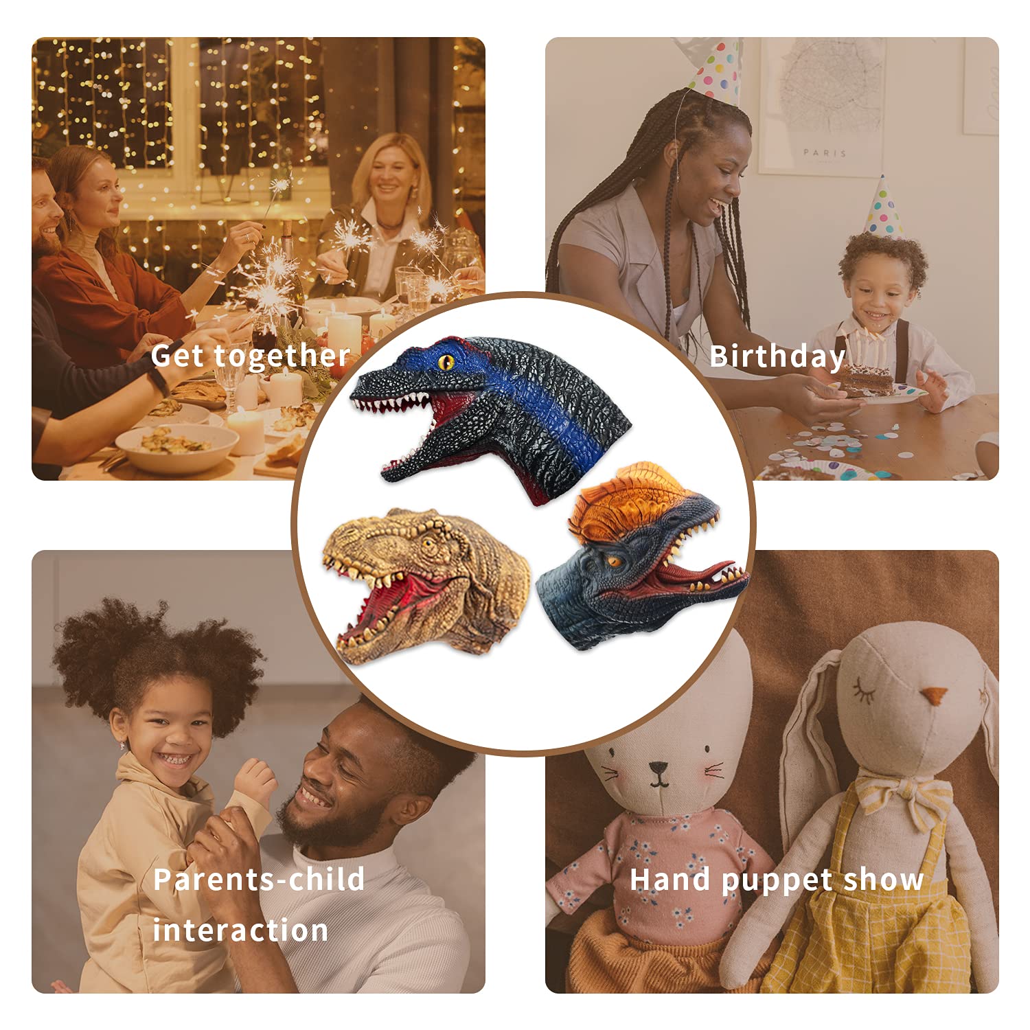 Realistic Latex Dinosaur Hand Puppets Set - Tyrannosaurus, Dilophosaurus & Velociraptors - Soft Animal Head Toys for Kids, Perfect Gift for Imaginative Play, Classroom Activities & Birthday Party Shows