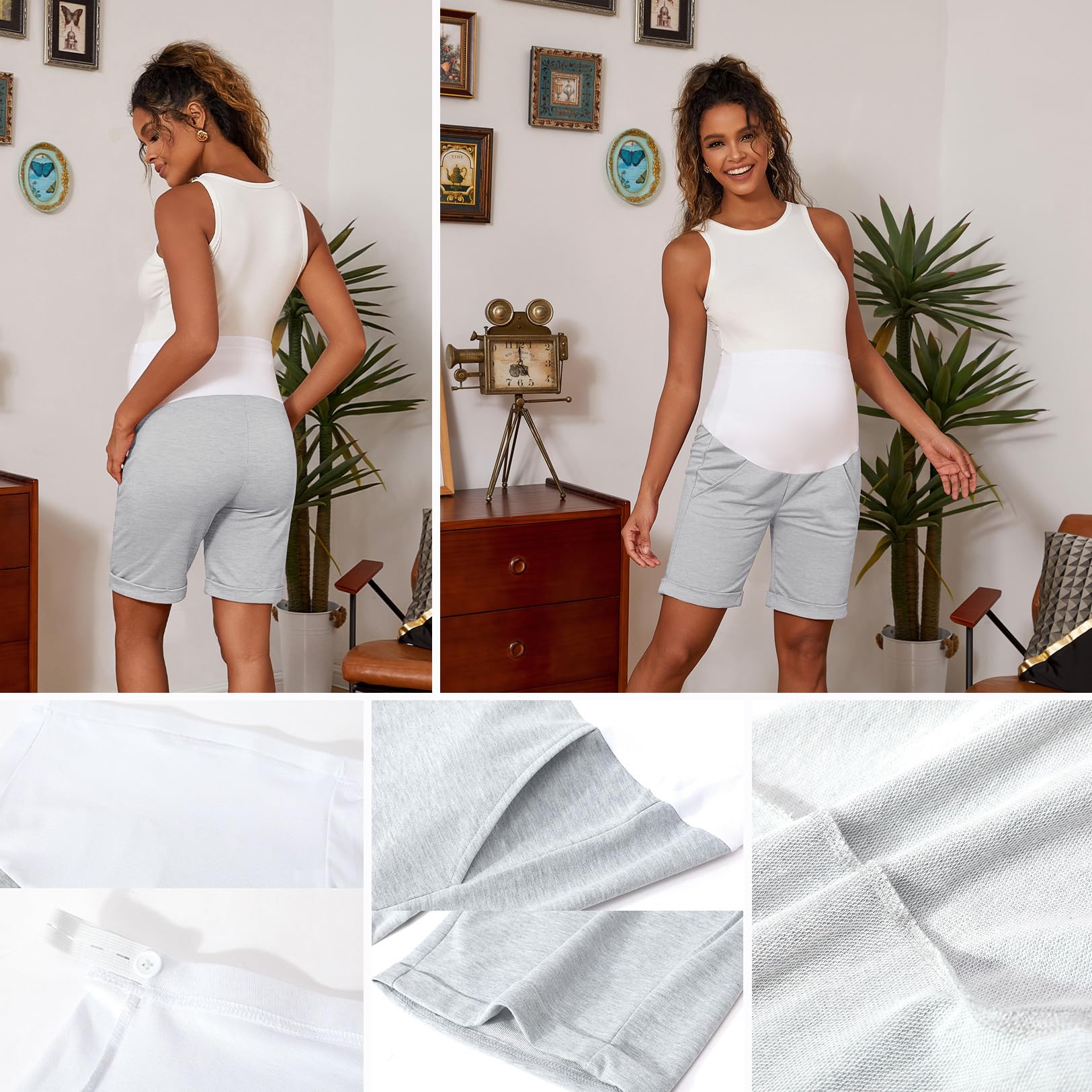 Bhome Maternity Bermuda Shorts - Over The Belly Pregnancy Workout Shorts with Pockets - Loose Fit Casual Maternity Wear for Yoga, Walking & Summer Comfort