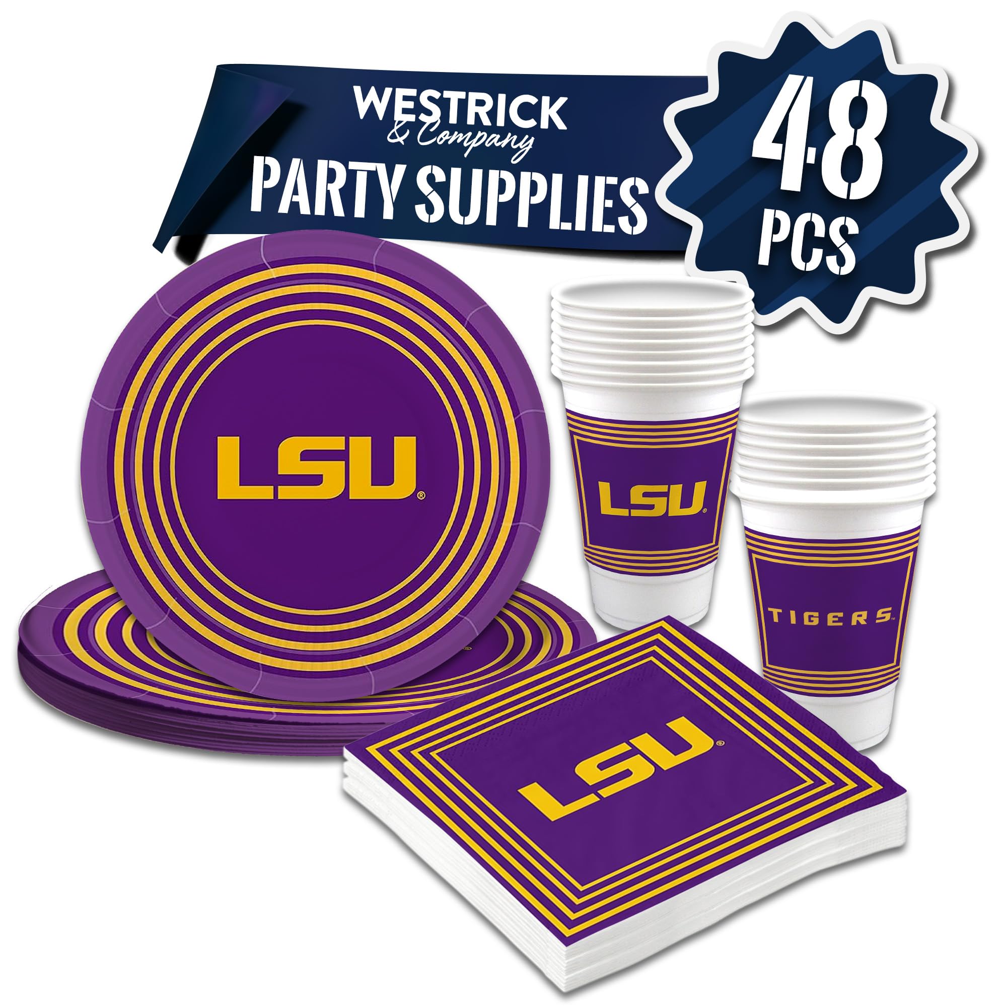 LSU Tigers Officially Licensed 48-Piece Party Set - 16 oz. Plastic Cups, 9