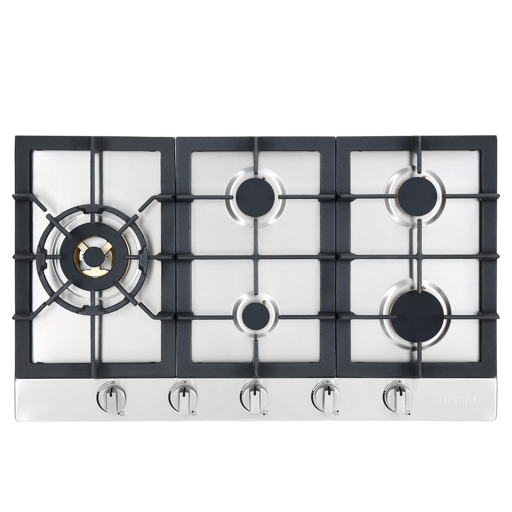 Ancona 34-Inch Stainless Steel Recessed Gas Cooktop with 5 Brass Burners & Cast Iron Wok Supports - Professional Kitchen Stove for Home Cooking, Stir-Frying & Heavy-Duty Use