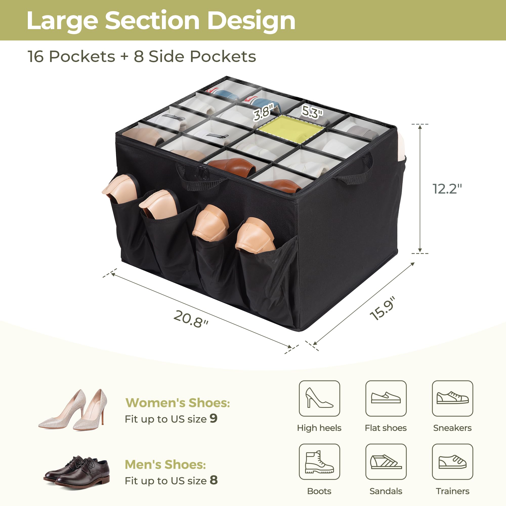 Clear View Fabric Shoe Organizer for Closet - Adjustable Shoe Storage Box with Dividers Holds 16-24 Pairs (Black, 1-Pack) - Perfect for Bedroom, Walk-in Closet & Entryway Organization