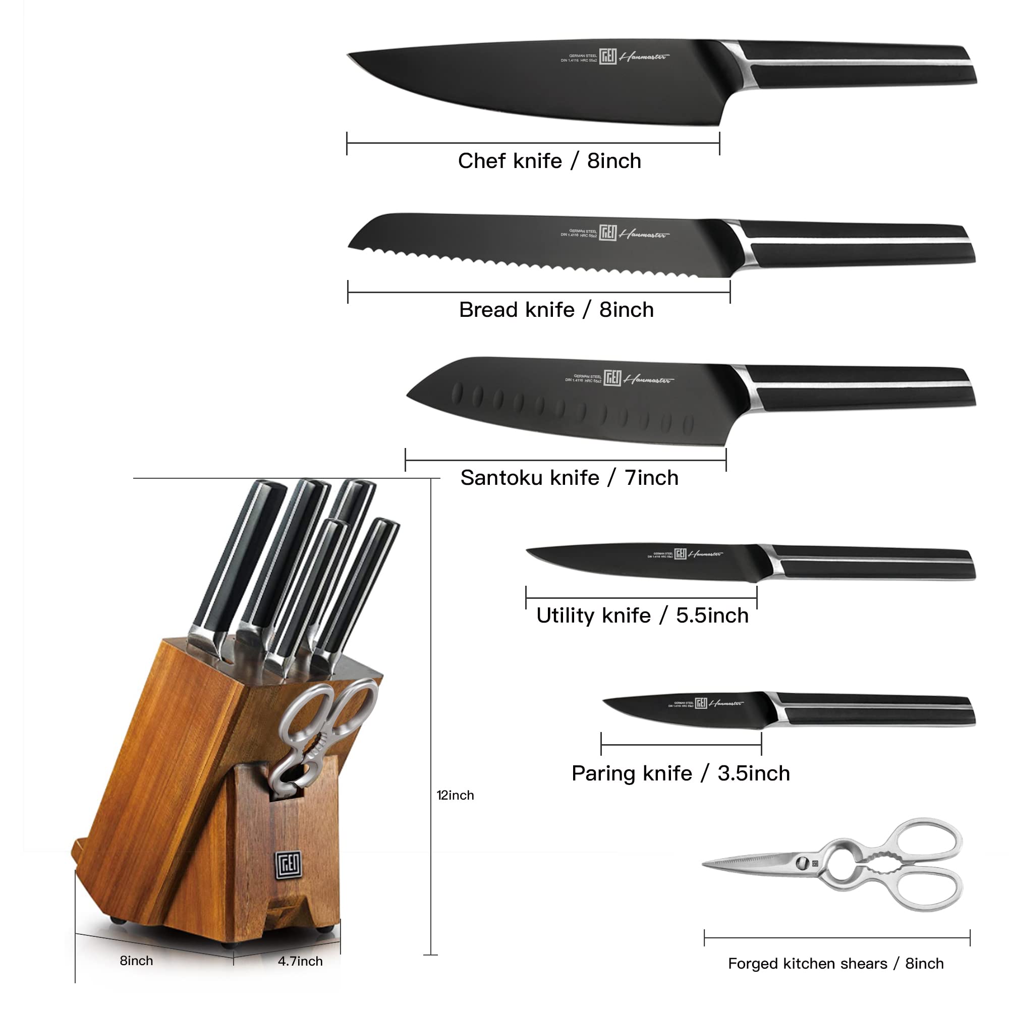 7-Piece German Stainless Steel Kitchen Knife Set with Acacia Wood Block & Scissors - Professional Chef Knives for Cooking, Slicing, Dicing - Perfect for Home Kitchens, Wedding Gifts & Culinary Enthusiasts