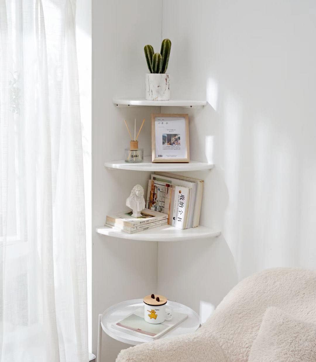 White Floating Corner Shelf Set of 2 - 10 Inch Solid Oak Wood Wall Shelves with Wire Hole - Round End Wall Mount for Small Plants - Perfect for Bedroom, Kitchen & Living Room Decor