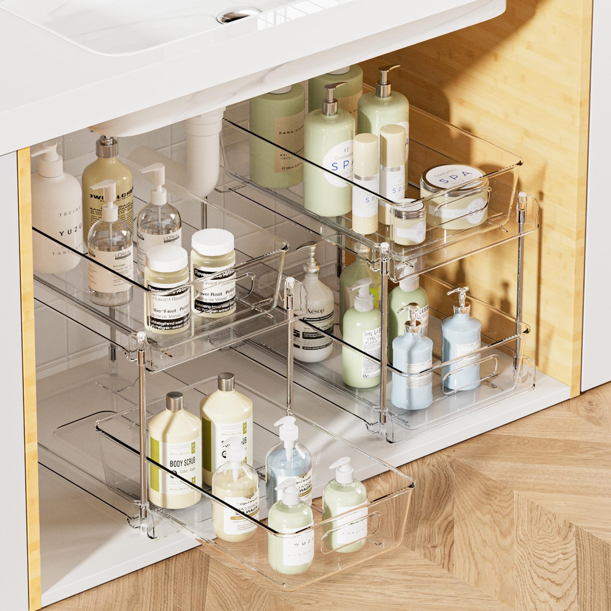 Vtopmart 2-Tier Bathroom Storage Organizer Set of 2, Clear Under Sink Organizer with Pull-Out Drawers for Vanity Counter & Cabinet - Space Saving Solution for Bathroom, Kitchen & Pantry Organization