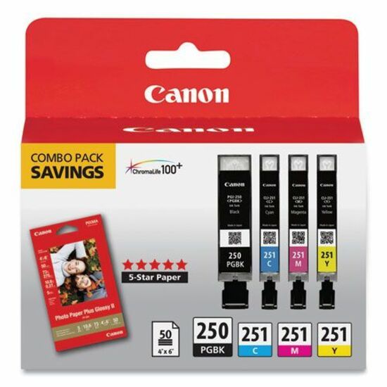 Original Canon PGI 250BK Black & CL 251 Color Ink Cartridges Value Pack with 50 Sheets 4x6 Glossy Photo Paper - Compatible with Pixma Printers, Ideal for Home Office Printing & Photo Projects