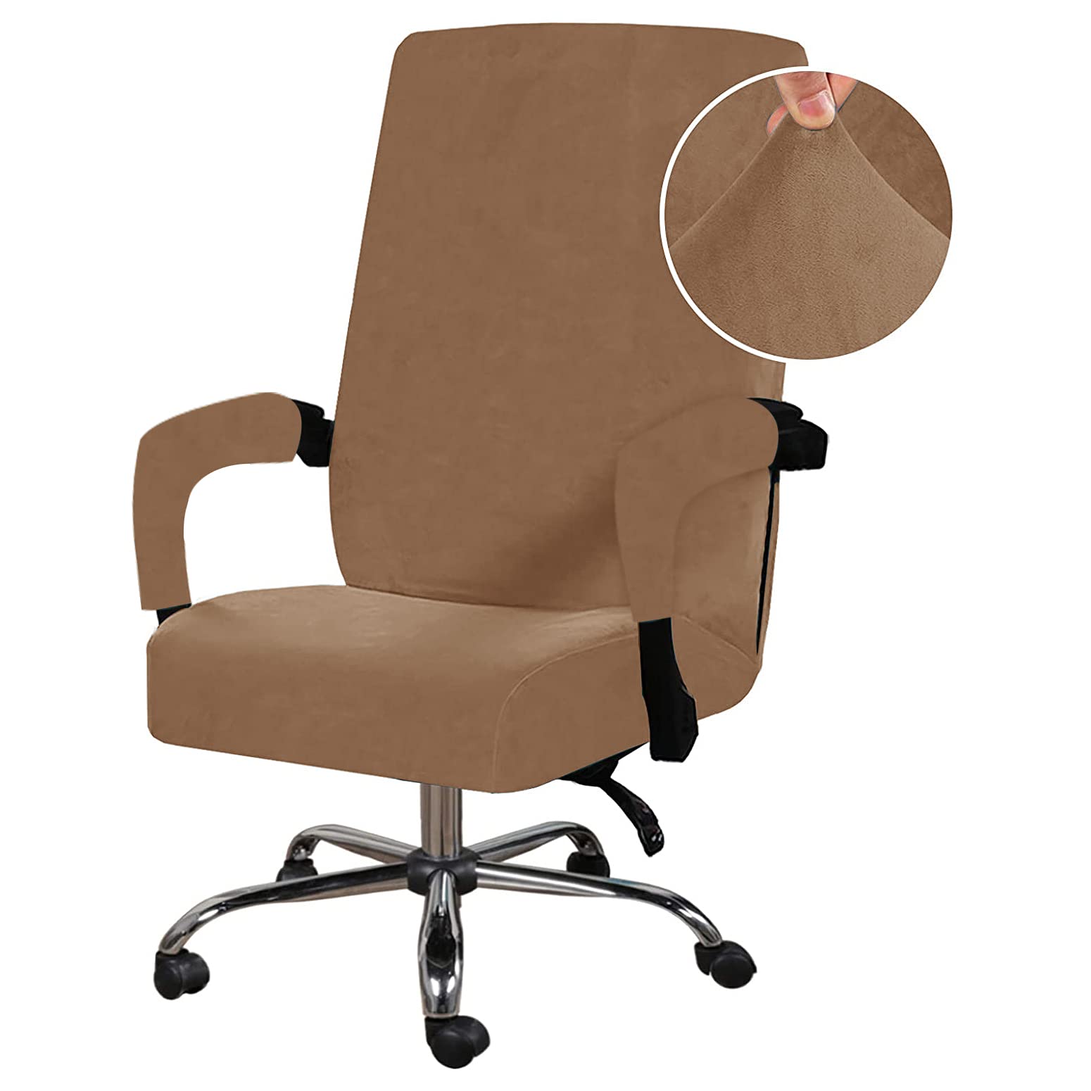 Stretchable Velvet Office Chair Cover - Removable & Washable Universal Elastic Slipcover for Computer, High Back & Rotating Chairs - Modern Minimalist Design (Light Brown, Large) | Perfect for Home Office, Gaming & Workspace Decor
