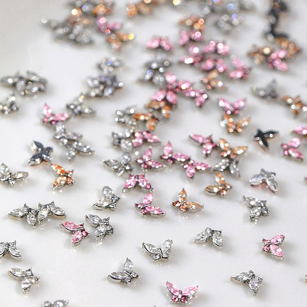 3D Butterfly Nail Charms - White Champagne Pink Rhinestone Crystal Butterflies for Nail Art, Nail Design, and Nail Decor | Perfect for DIY Nail Art, Salon Manicures, and Special Occasion Nail Accessories