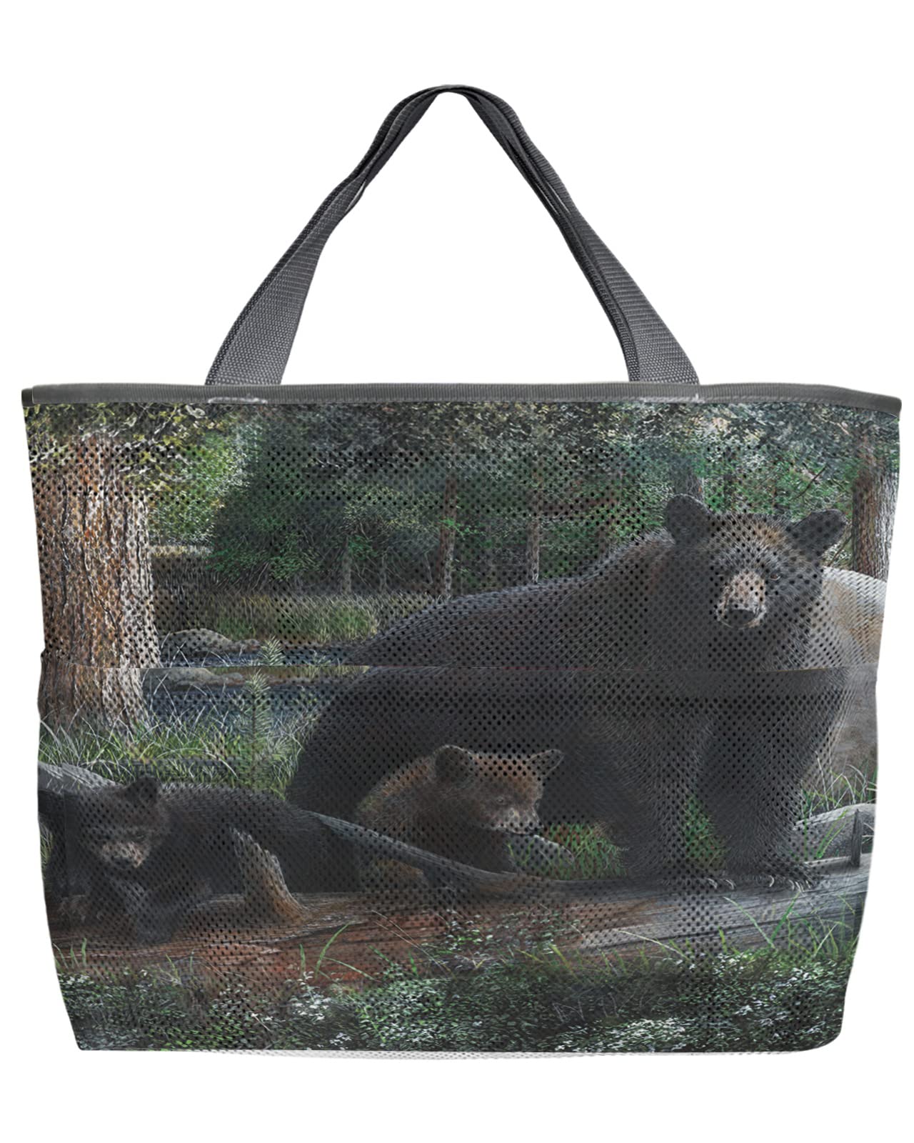 60L Large Mesh Beach Tote Bag - Foldable Lightweight Black Bear Design with Pockets for Swimming, Groceries & Storage | Perfect for Pool, Picnic & Travel (24x16x9 Inches) - Family-Friendly Oversized Animal Print Tote