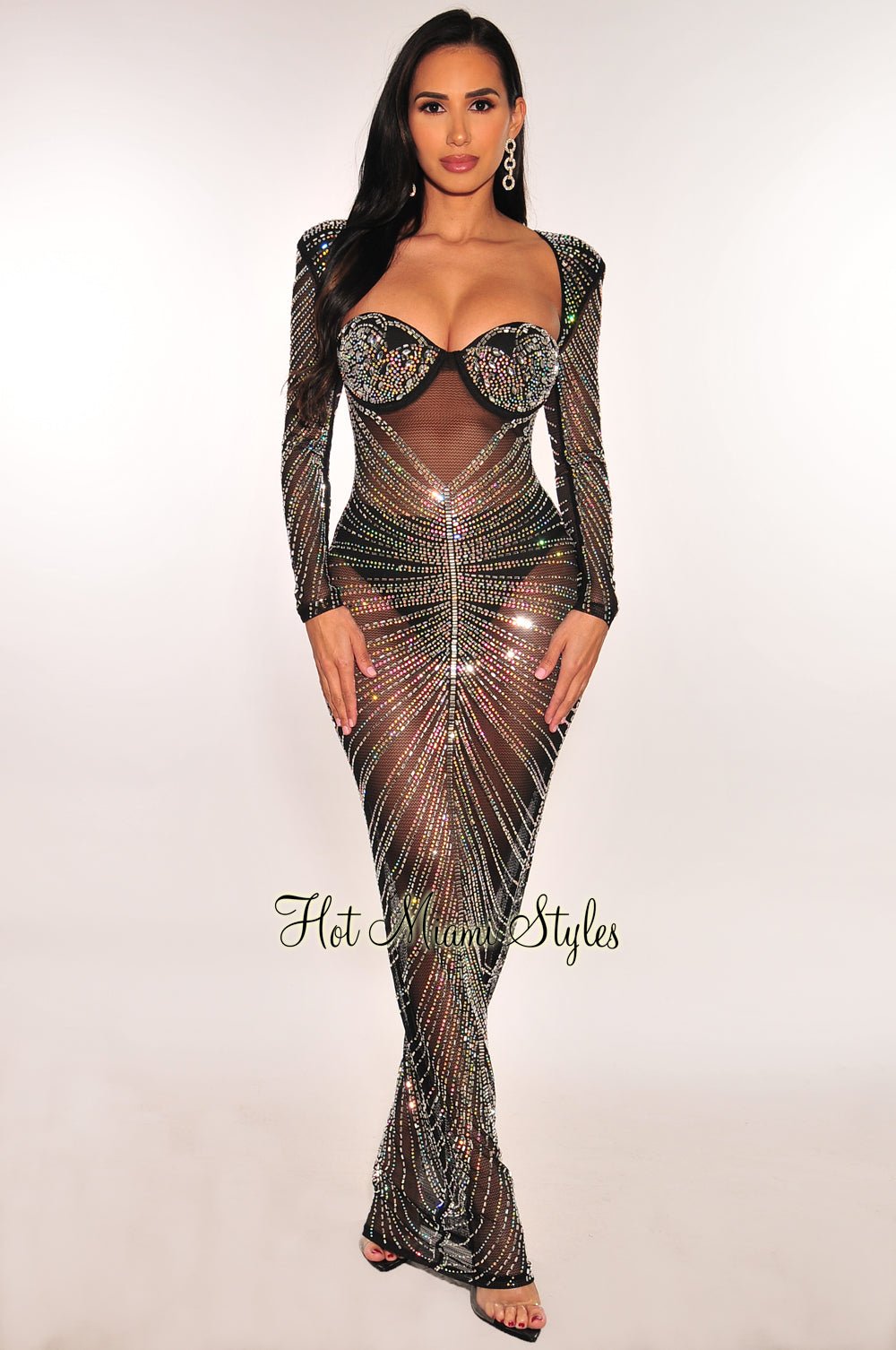 Elegant Black Mesh Rhinestone Embellished Padded Cut Out Back Long Sleeve Evening Gown - Perfect for Prom, Gala, and Formal Events