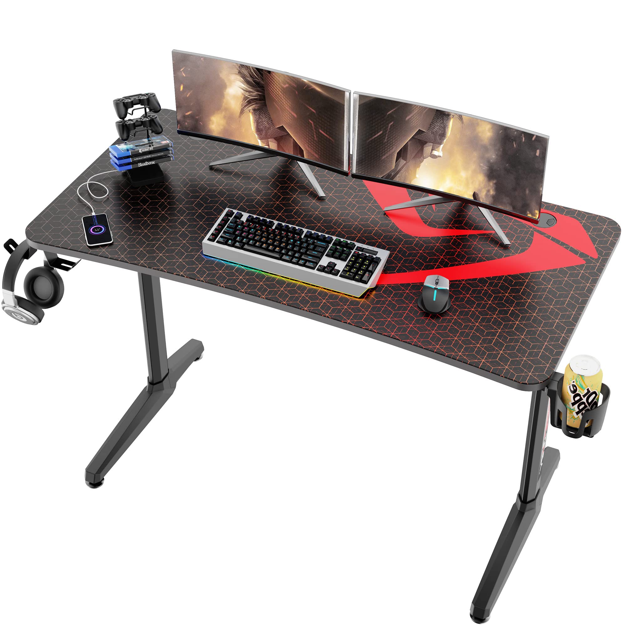 Eureka Ergonomic 47-inch Gaming Desk with Mouse Pad, Cup Holder & USB Ports - Home Office Computer Desk for PC Gamers - Perfect for Streaming, Work & Study (Black)