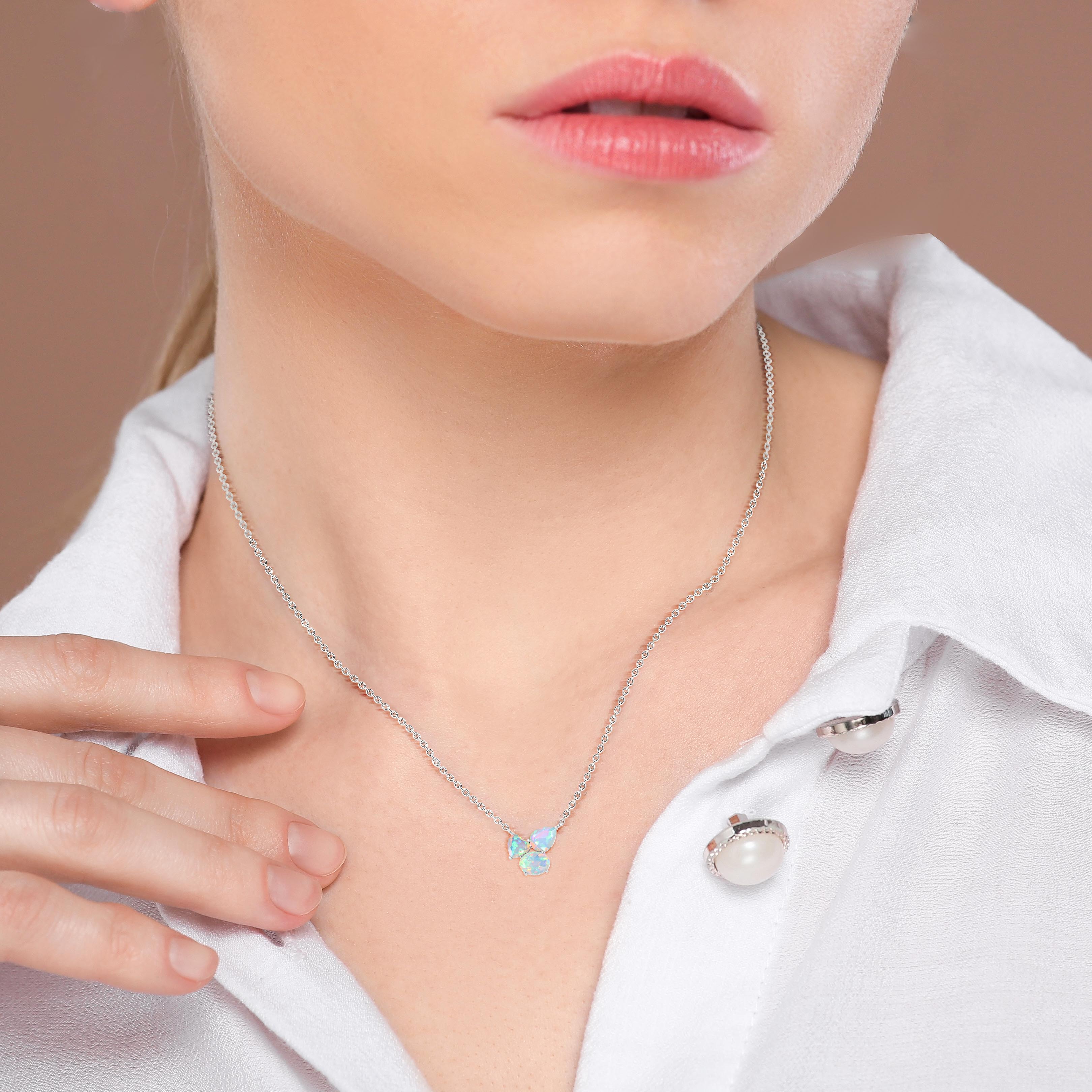 White Opal Three Stone Pendant Necklace - Elegant Sterling Silver Jewelry for Women | Perfect for Weddings, Anniversaries & Special Occasions