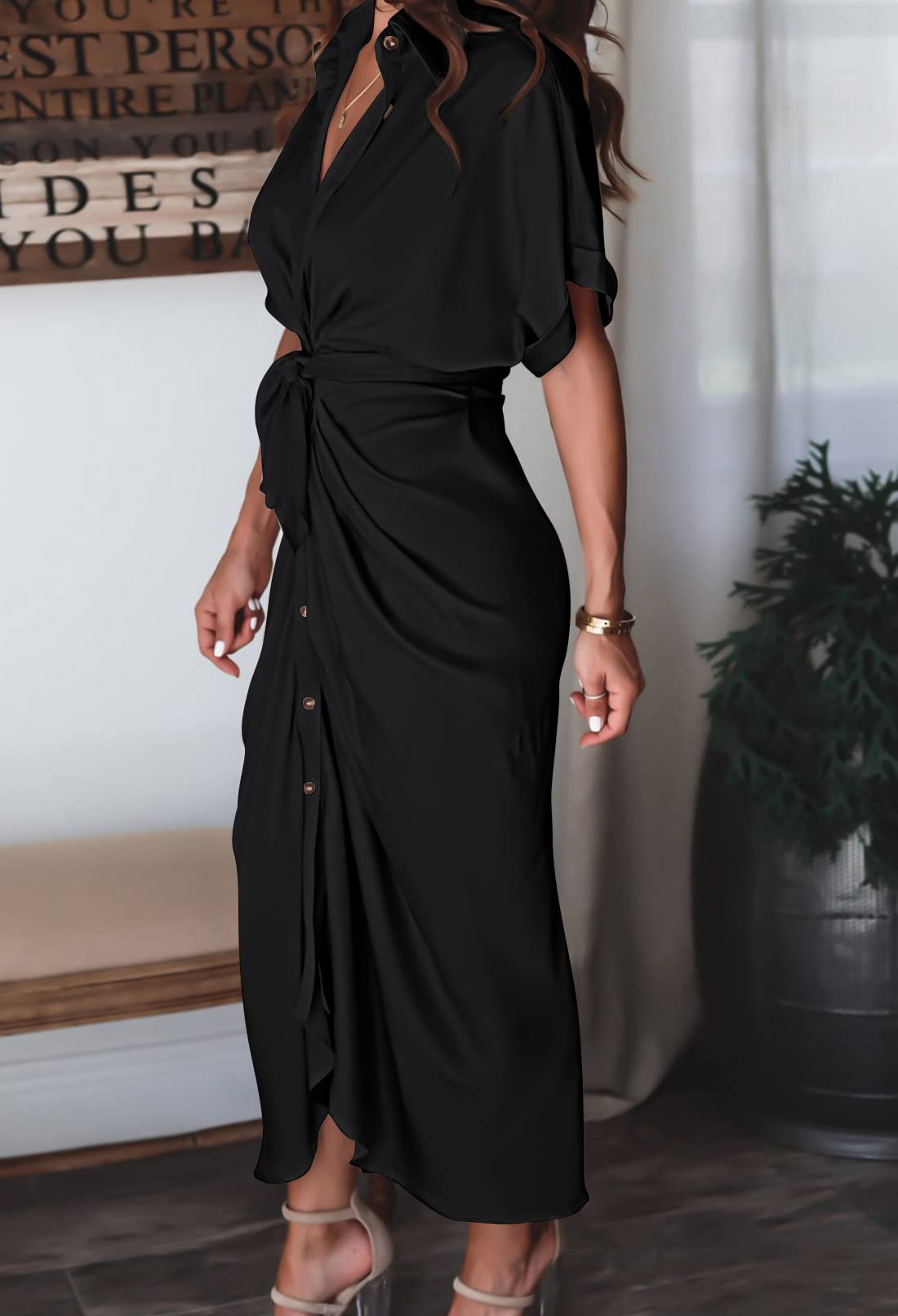 Elegant Women's Satin Button Down Short Sleeve Maxi Shirt Dress with Belt - Perfect for Summer Outings, Beach Vacations & Casual Office Wear