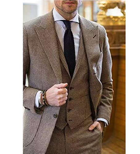 Premium Houndstooth Brown 3-Piece Men's Suit Set - Slim Fit Peaked Lapel Tuxedo with Blazer, Vest & Pants for Wedding, Business & Formal Events