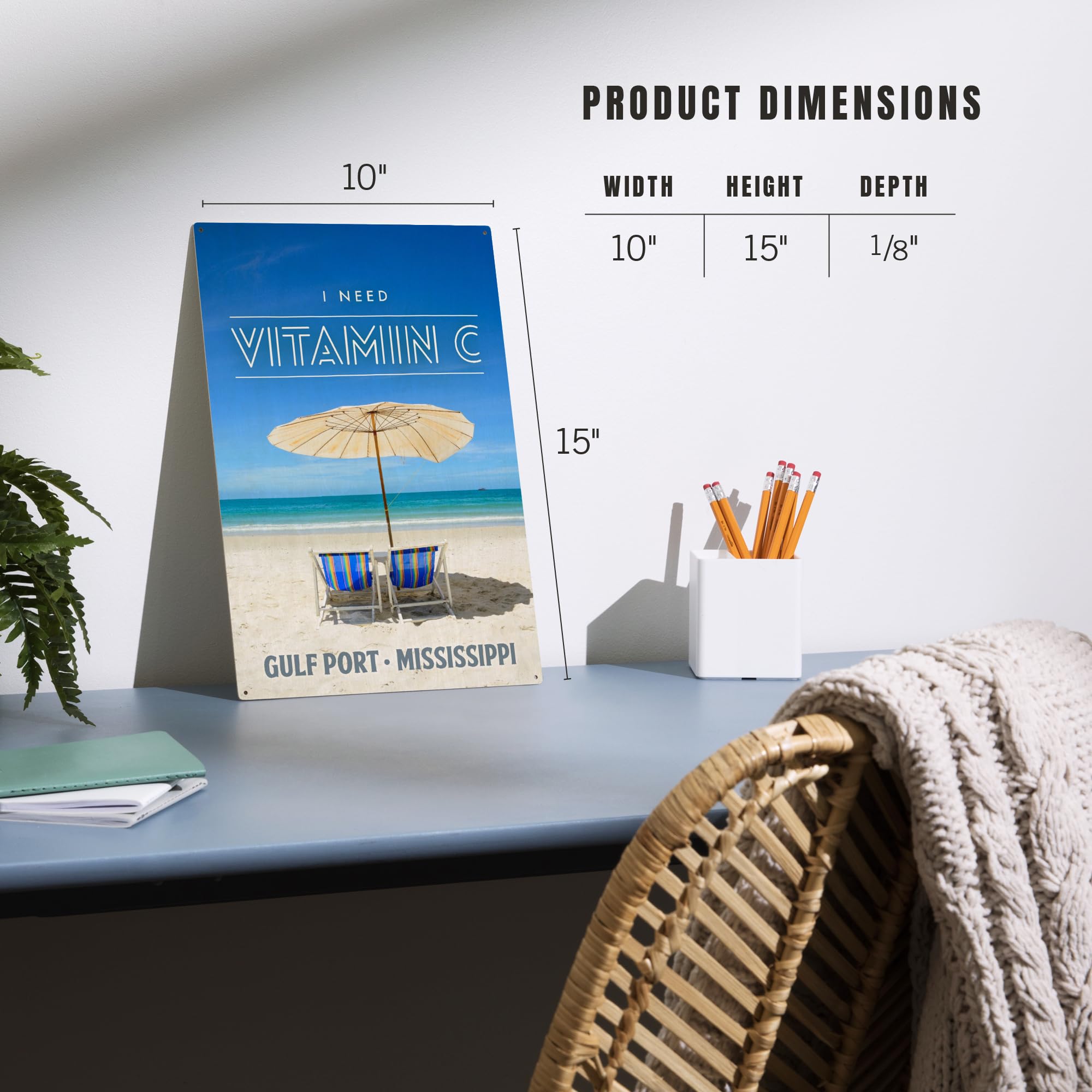 Lantern Press 10x15 Inch Wooden Wall Sign - Ready to Hang Coastal Decor Featuring Gulfport Mississippi Beach Scene with 'I Need Vitamin C' Design - Perfect for Beach House, Porch, or Living Room Decor