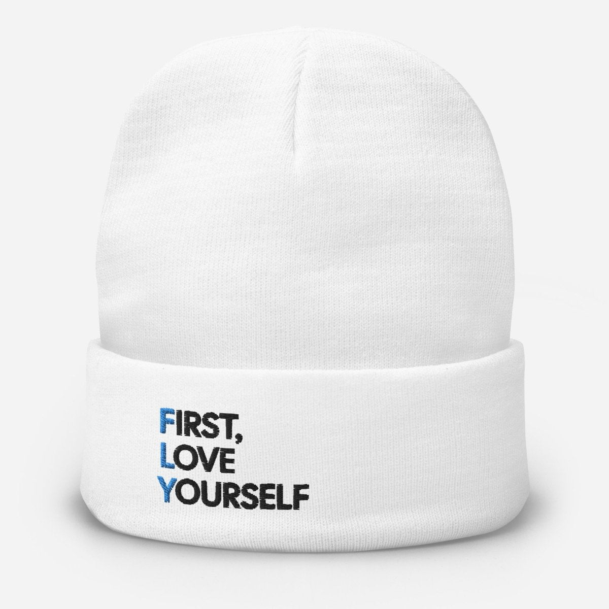 First, Love Yourself Embroidered Beanie Hat - Cute Winter Knit Cap with Inspirational Embroidery - Perfect for Cold Weather, Outdoor Activities & Casual Streetwear Fashion