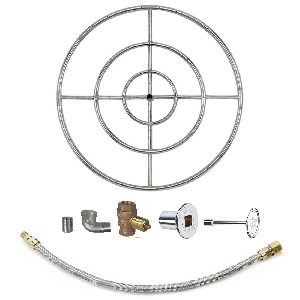AFG Match Lit Fire Pit Burner Kit - 30 Inch Round Natural Gas Burner with Polished Chrome Finish, Flange, Key, Valve & Flex Line - Perfect for Outdoor Patio, Backyard Gatherings & Camping (SS-FR-30KIT-NG-MSCB)