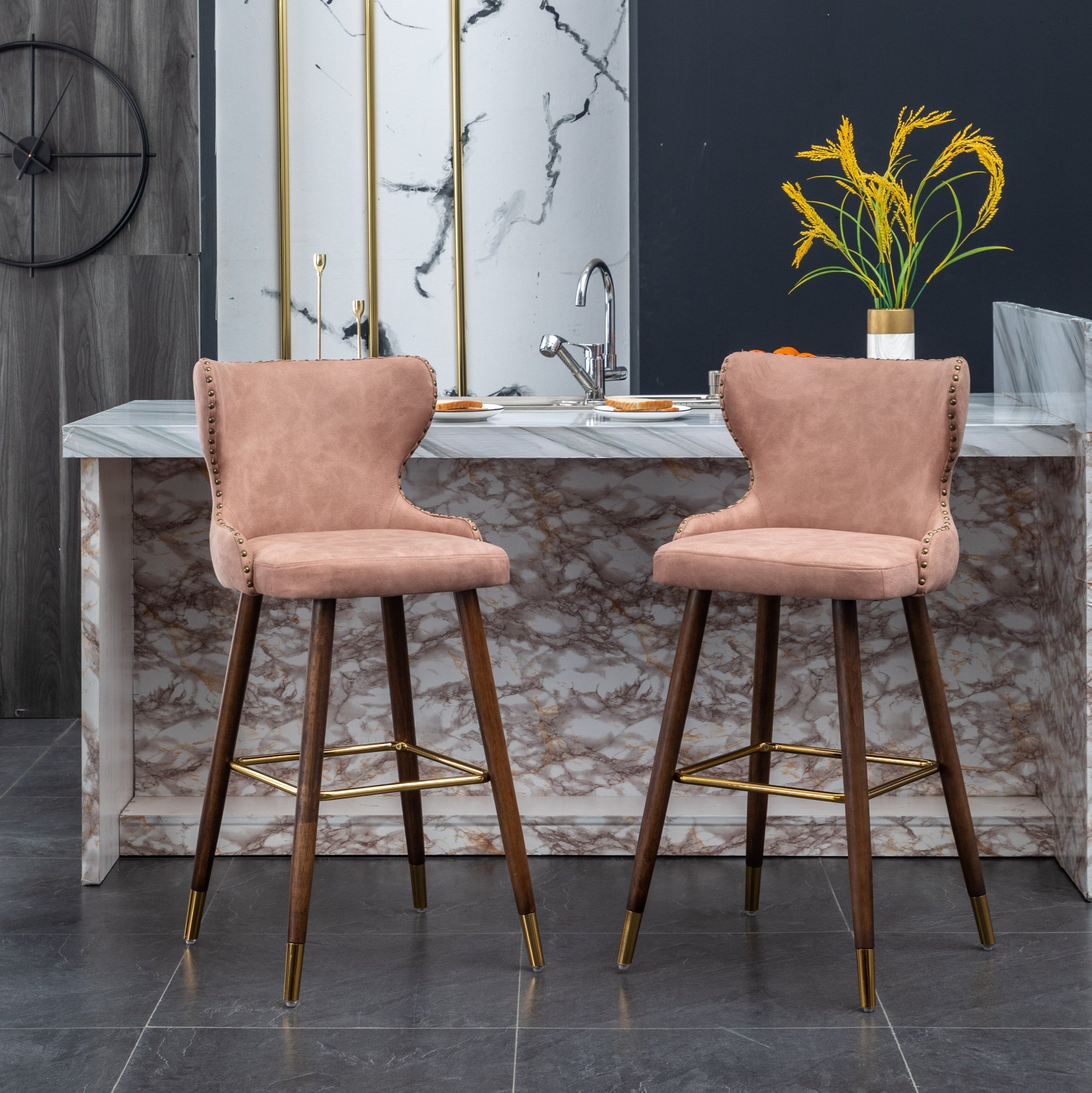 Mid Century Modern Faux Leather Bar Stools with Tufted Design & Nailhead Trim - Set of 2 Pink Barstools for Kitchen Island, Breakfast Nook & Home Bar Decor