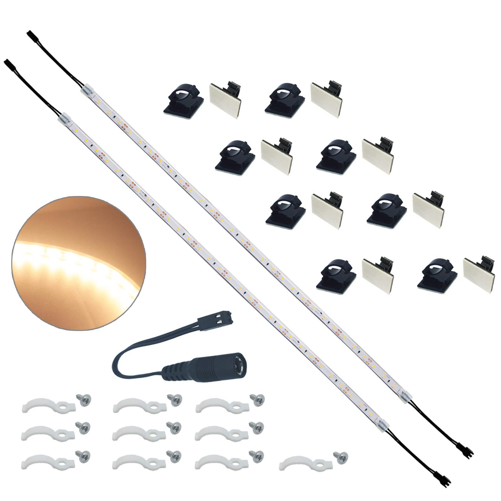 Litever 20-Inch Flexible LED Strip Lights - 12VDC, 4W, Warm White 2700K - Self-Adhesive Back with Mounting Clips & Screws - Under Cabinet Lighting Kit (2-Pack) - Perfect for Kitchen, Bedroom, and Closet Accent Lighting