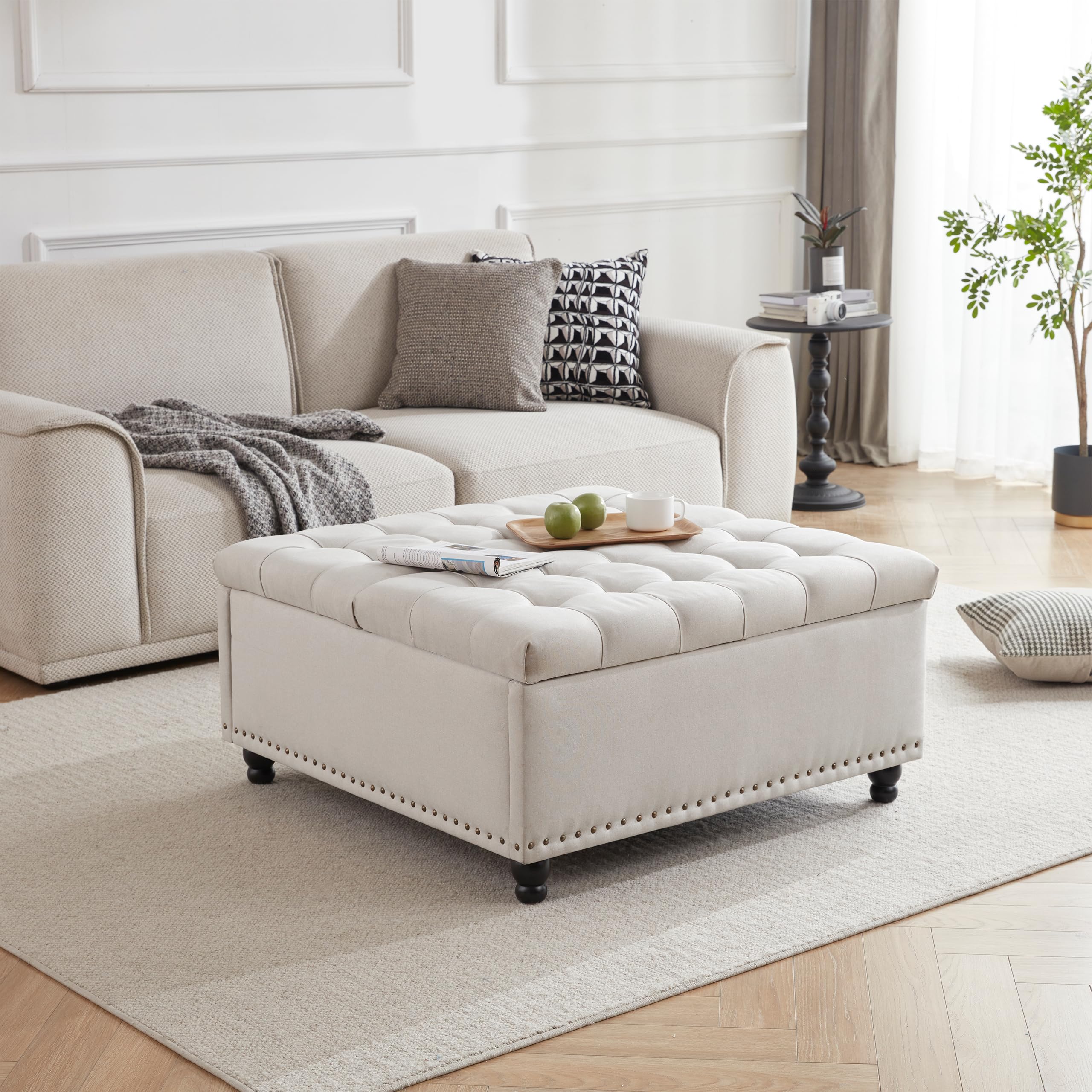 Tbfit Large Square Storage Ottoman Bench with Lift Top - Tufted Upholstered Coffee Table with Solid Wood Legs, Oversized Toy Storage Box for Living Room, Bedroom & Nursery (Beige) - Perfect for Home Organization, Extra Seating and Hidden Storage