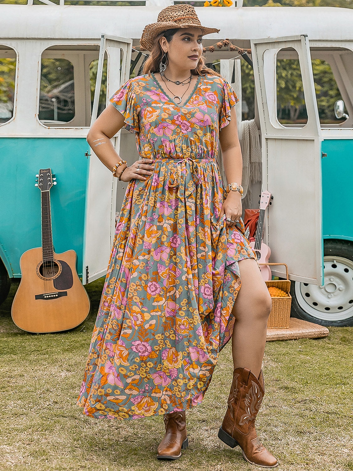 Plus Size Ruffled Printed Cap Sleeve Maxi Dress for Women - Flowy Summer Beach Dress with Pockets, Boho Chic Wedding Guest Outfit & Vacation Dress