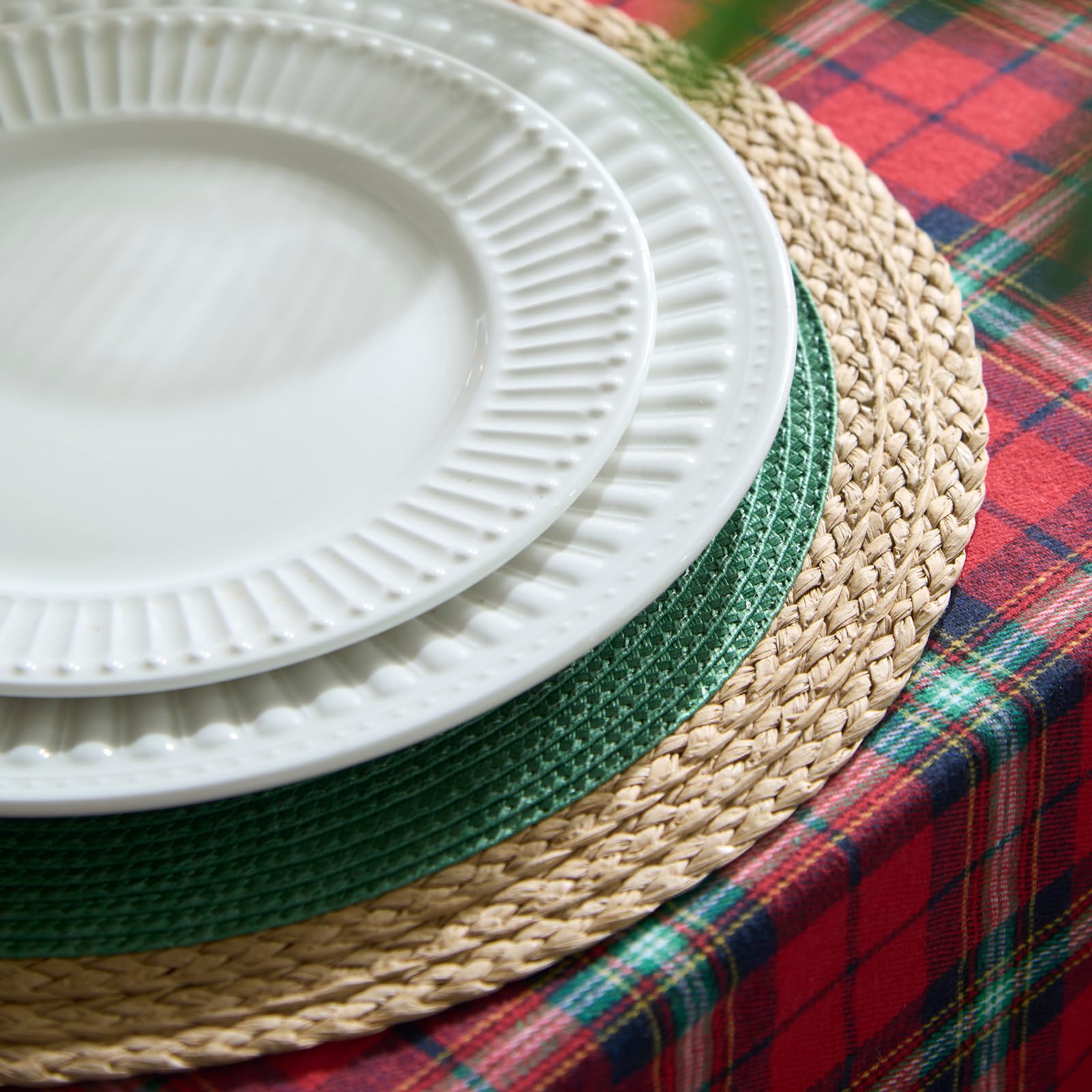 YANGQIHOME 13.8 Inch Round Placemats Set of 6 with Golden Table Runner - Waterproof & Heat Resistant Table Mats for Dining Table Decor - Perfect for Christmas, Thanksgiving, Party, Wedding & Everyday Use