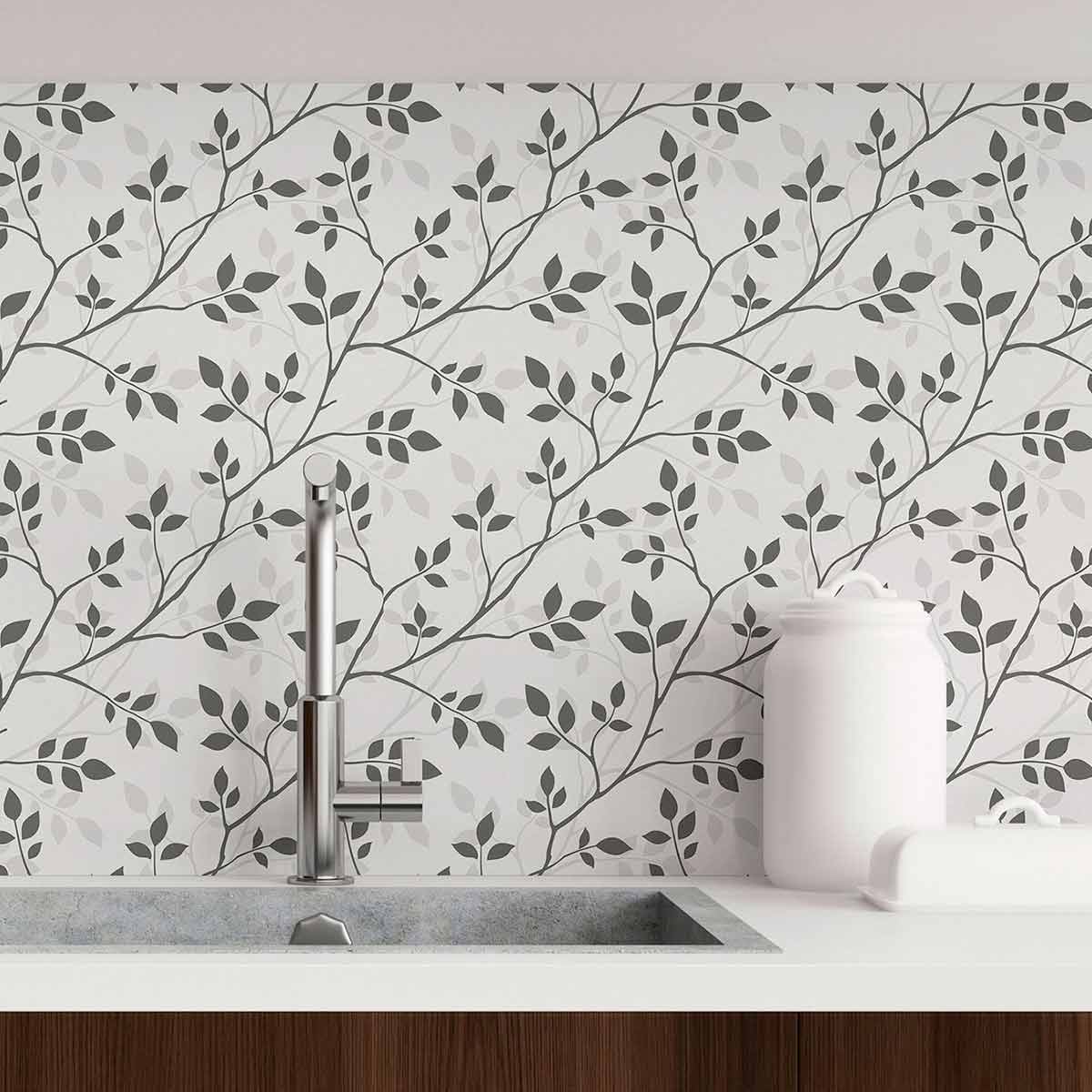 Grey Leaf Peel and Stick Removable Wallpaper 4017 - Self-Adhesive Wall Decor for Bedroom, Living Room, Nursery & Office